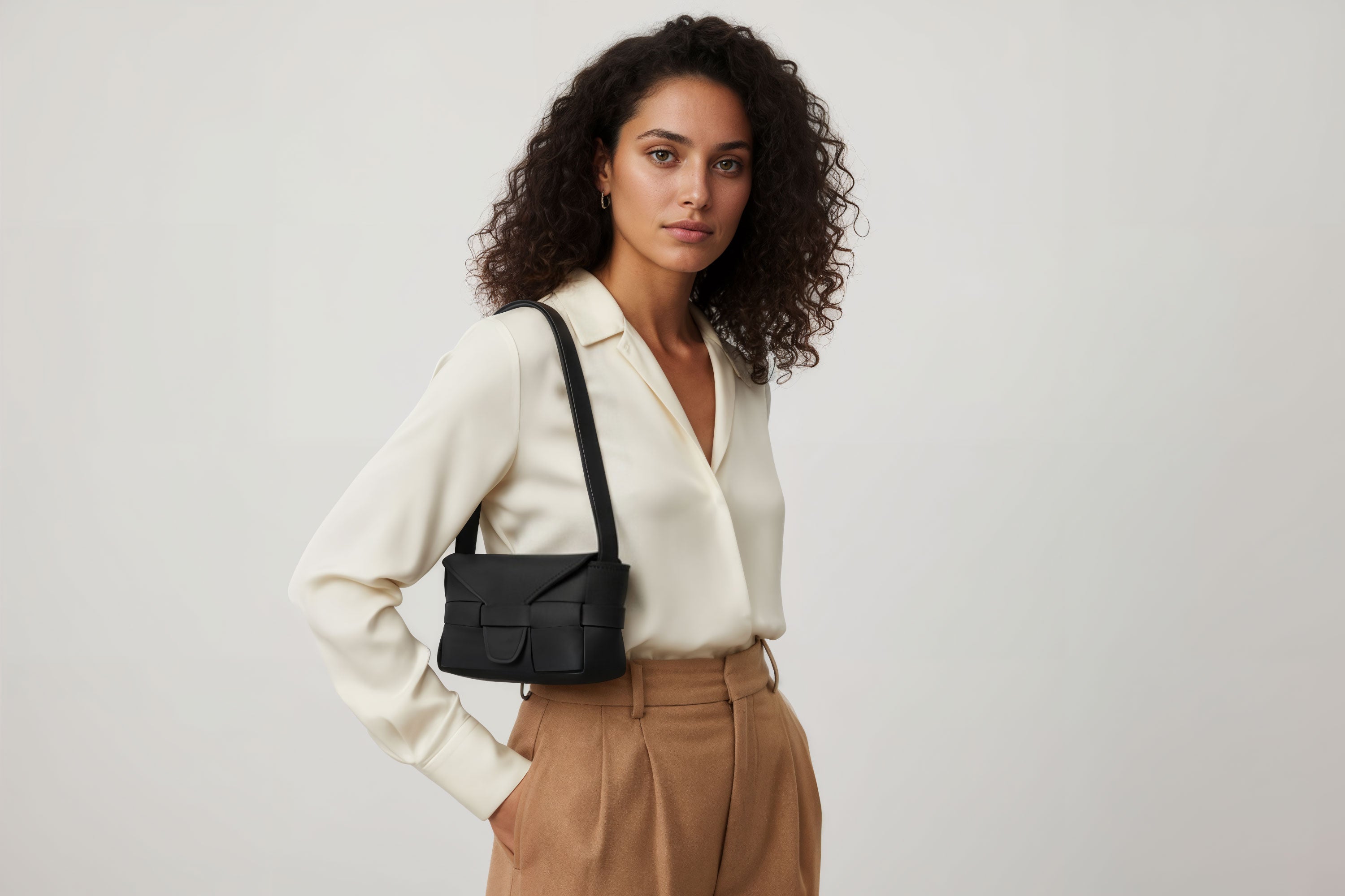 Woman wearing the black small saka leather bag against a plain background. Minimalist design from Atelier Madre - Manuel Dreesmann in Barcelona