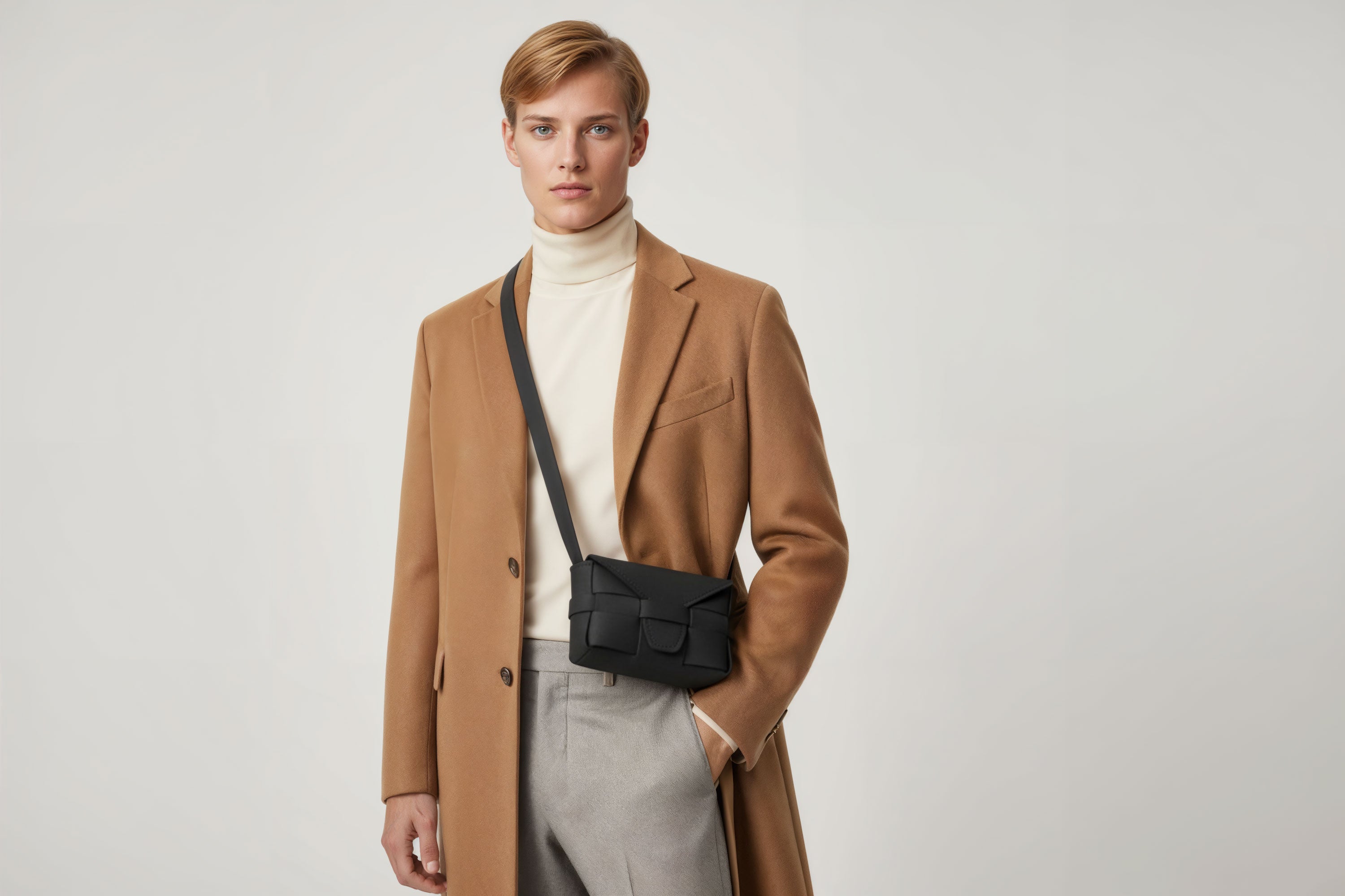 Man wearing the black small saka leather bag against a plain background. Minimalist design from Atelier Madre - Manuel Dreesmann in Barcelona