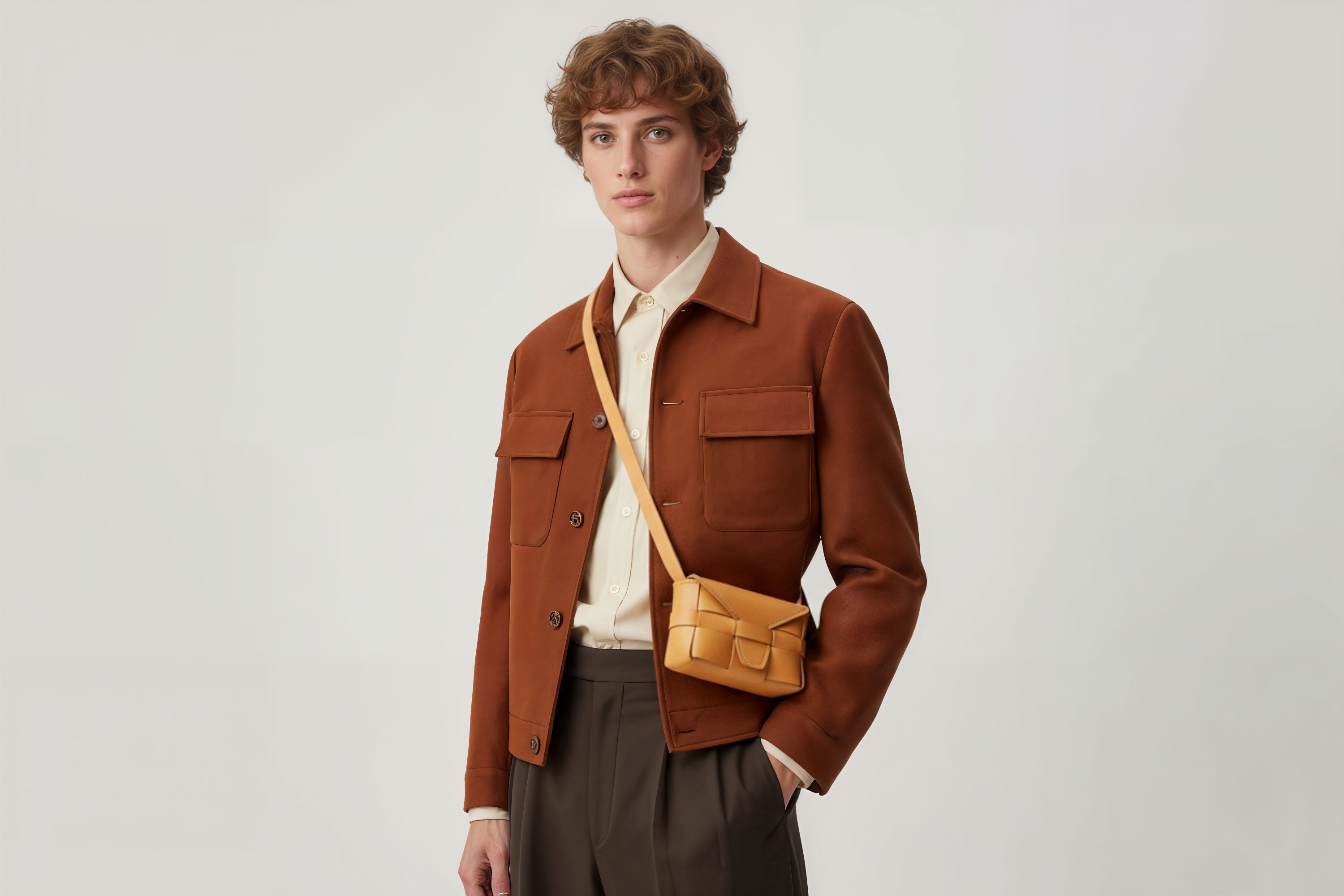 Man wearing the brown small saka leather bag against a plain background. Minimalist design from Atelier Madre - Manuel Dreesmann in Barcelona