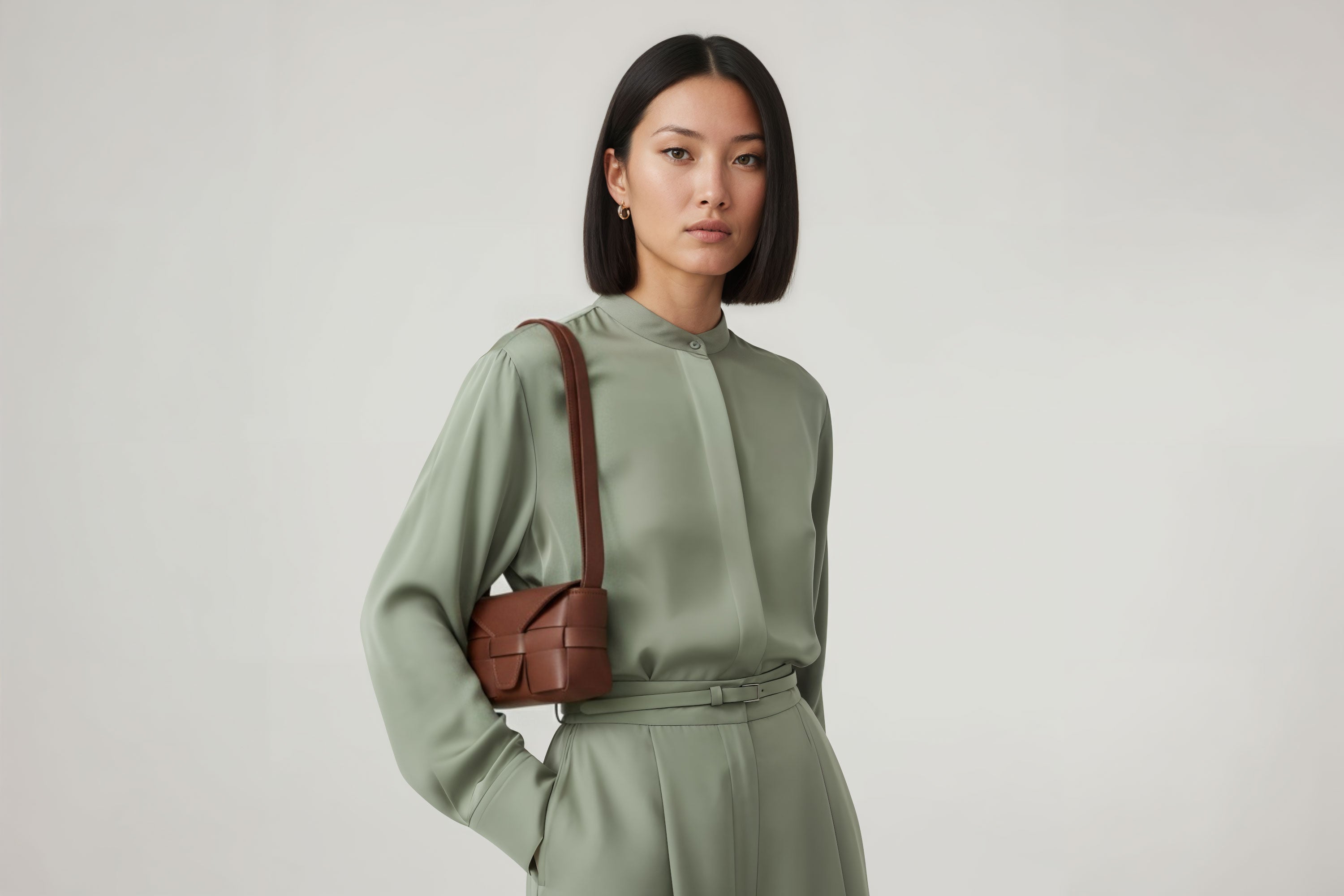 Woman wearing the dark brown small Saka leather bag against a plain background. Minimalist design from Atelier Madre - Manuel Dreesmann in Barcelona