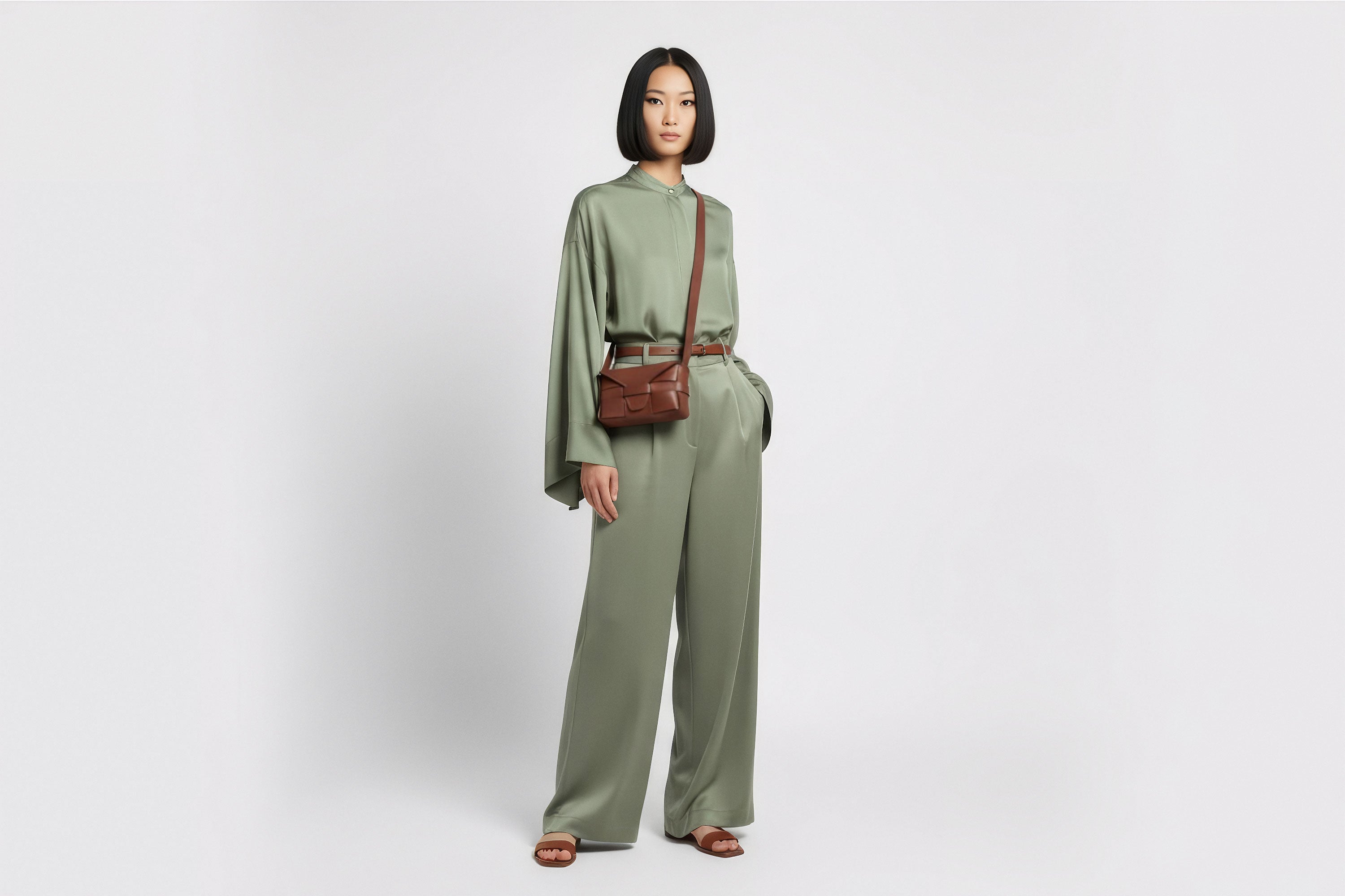 Woman wearing the dark brown small Saka leather bag against a plain background. Minimalist design from Atelier Madre - Manuel Dreesmann in Barcelona