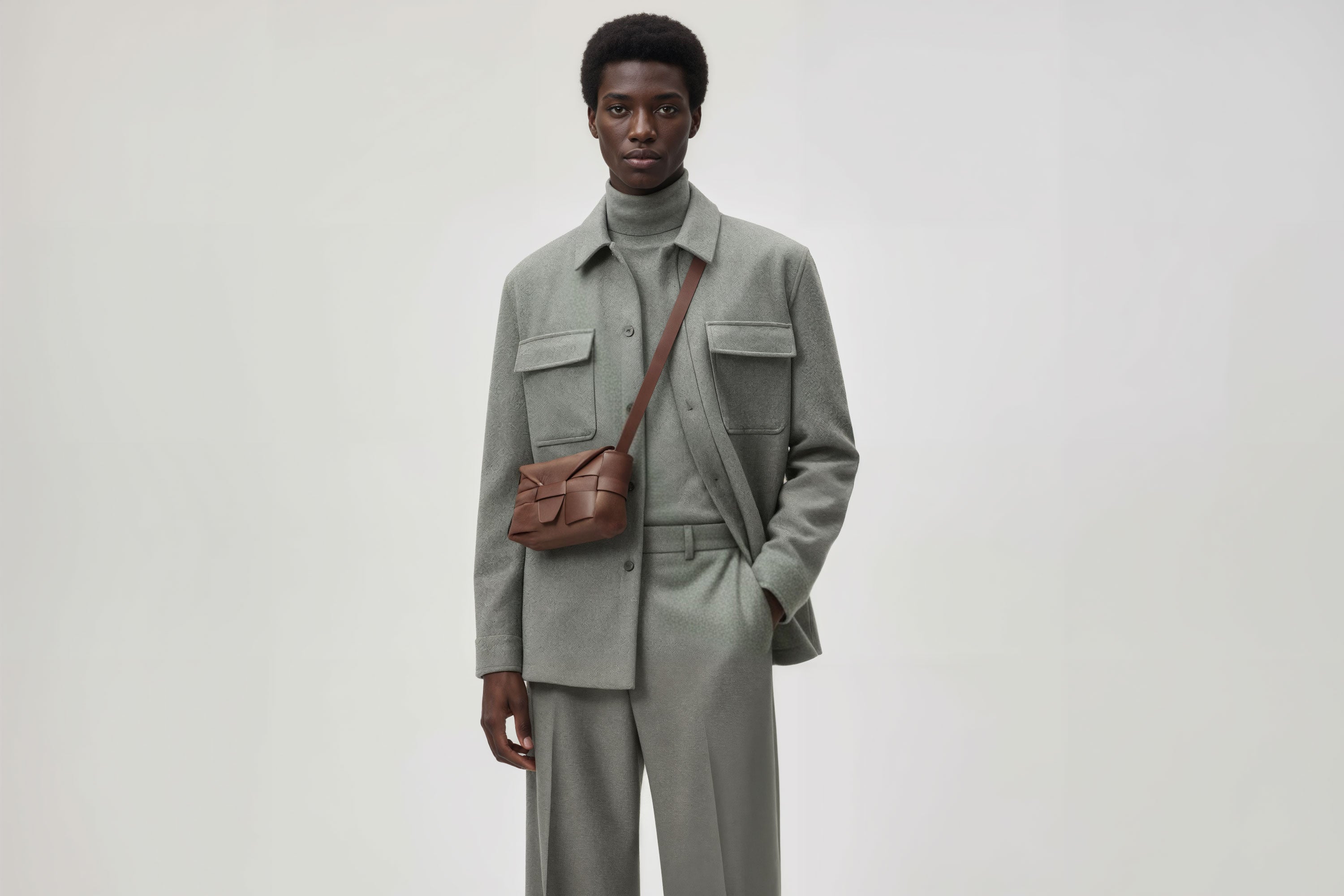 Man wearing the dark brown small Saka leather bag against a plain background. Minimalist design from Atelier Madre - Manuel Dreesmann in Barcelona