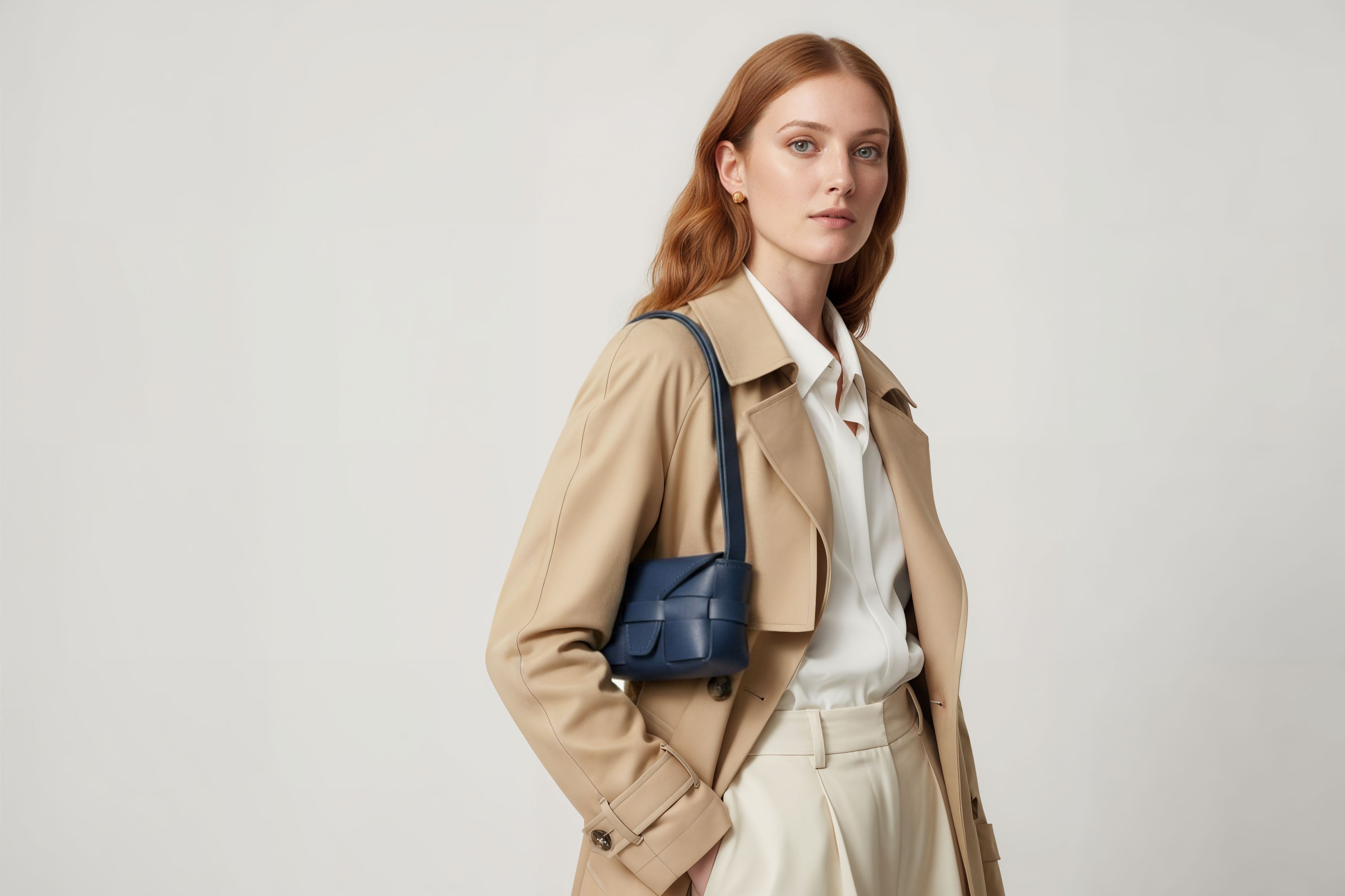 Woman wearing the marine blue color small Saka leather bag against a plain background. Minimalist design from Atelier Madre - Manuel Dreesmann in Barcelona