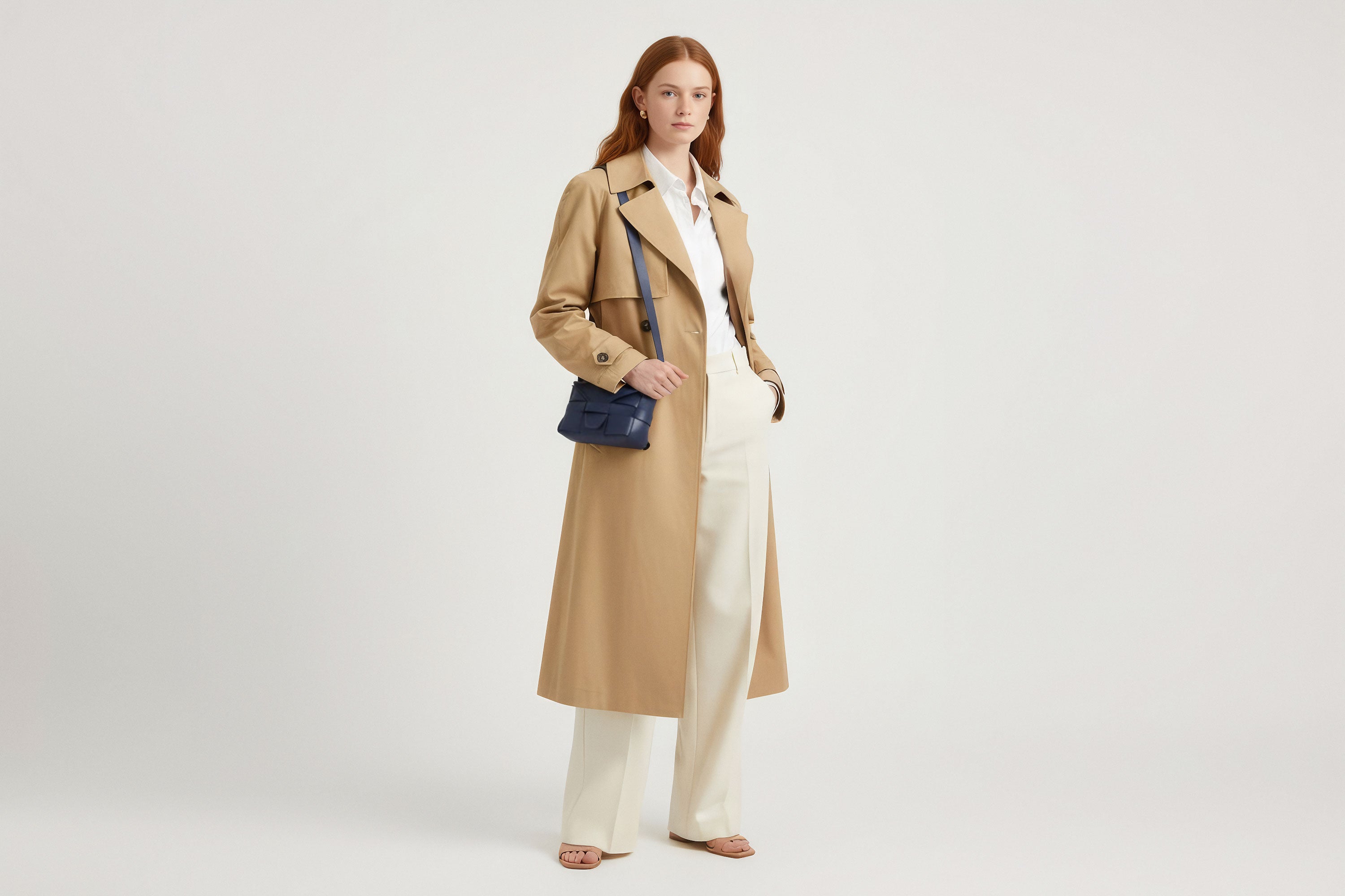 Woman wearing the marine blue color small Saka leather bag against a plain background. Minimalist design from Atelier Madre - Manuel Dreesmann in Barcelona