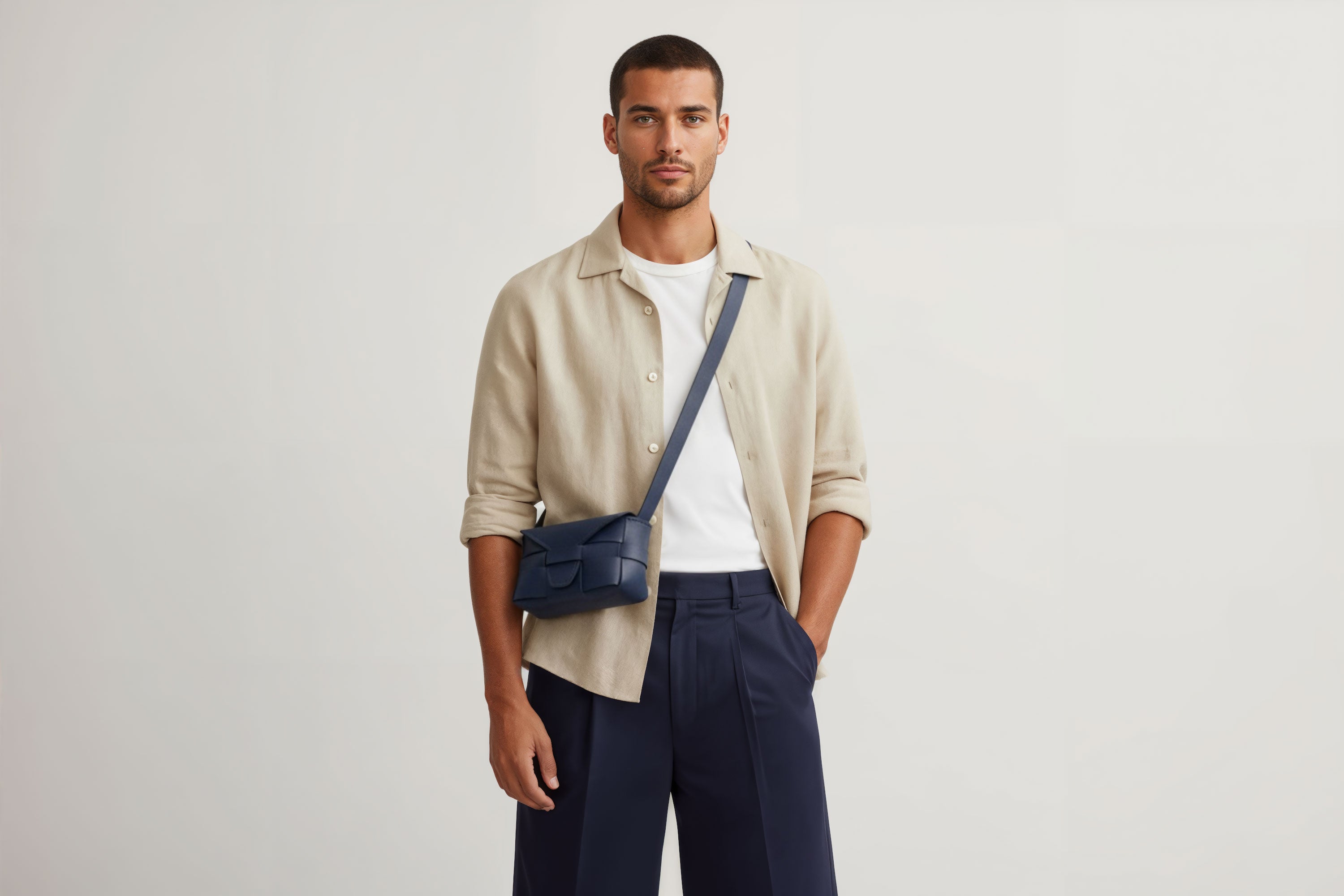 Man wearing the marine blue color small Saka leather bag against a plain background. Minimalist design from Atelier Madre - Manuel Dreesmann in Barcelona