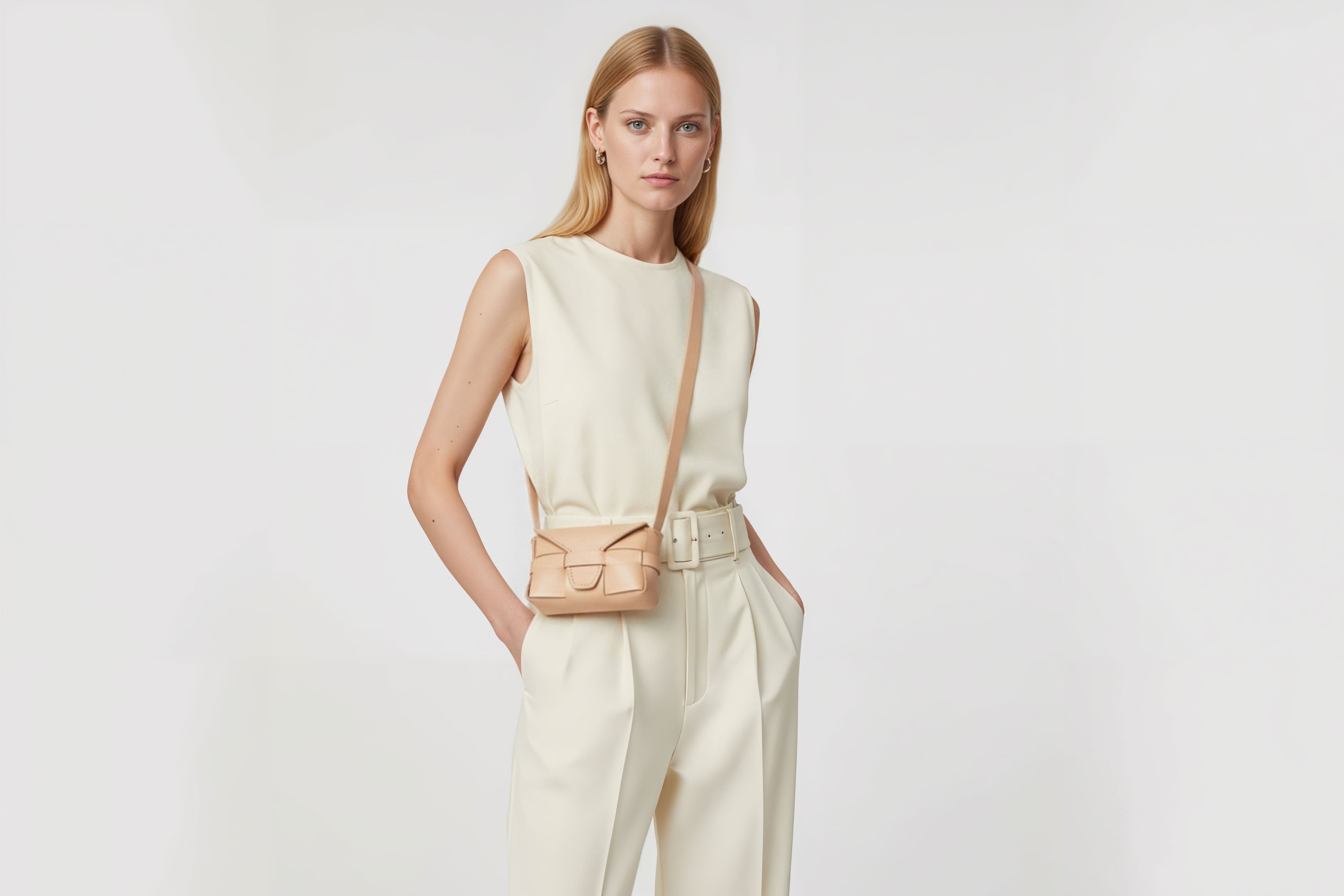 Woman wearing the natural color small Saka leather bag against a plain background. Minimalist design from Atelier Madre - Manuel Dreesmann in Barcelona