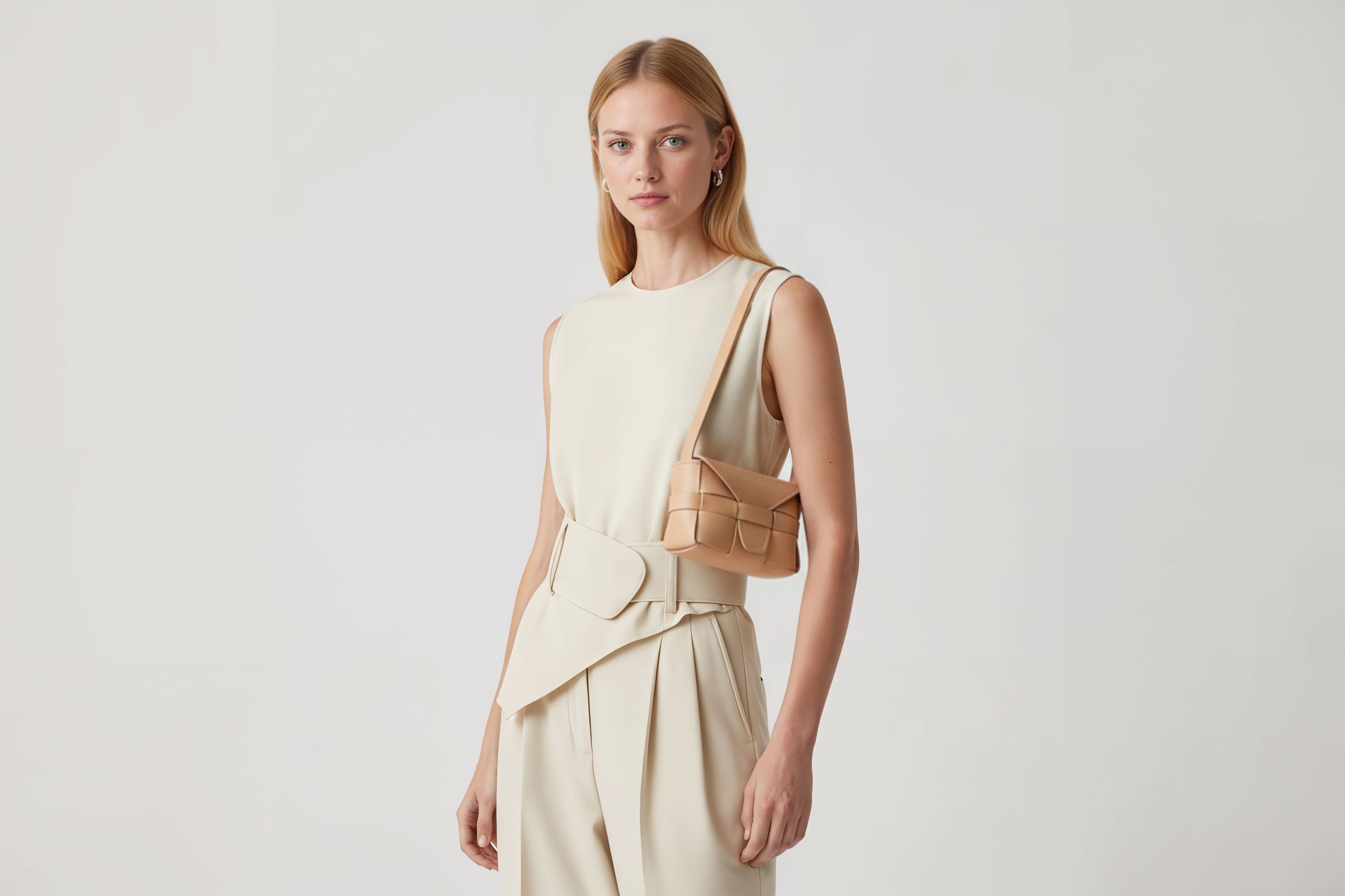 Woman wearing the natural color small Saka leather bag against a plain background. Minimalist design from Atelier Madre - Manuel Dreesmann in Barcelona
