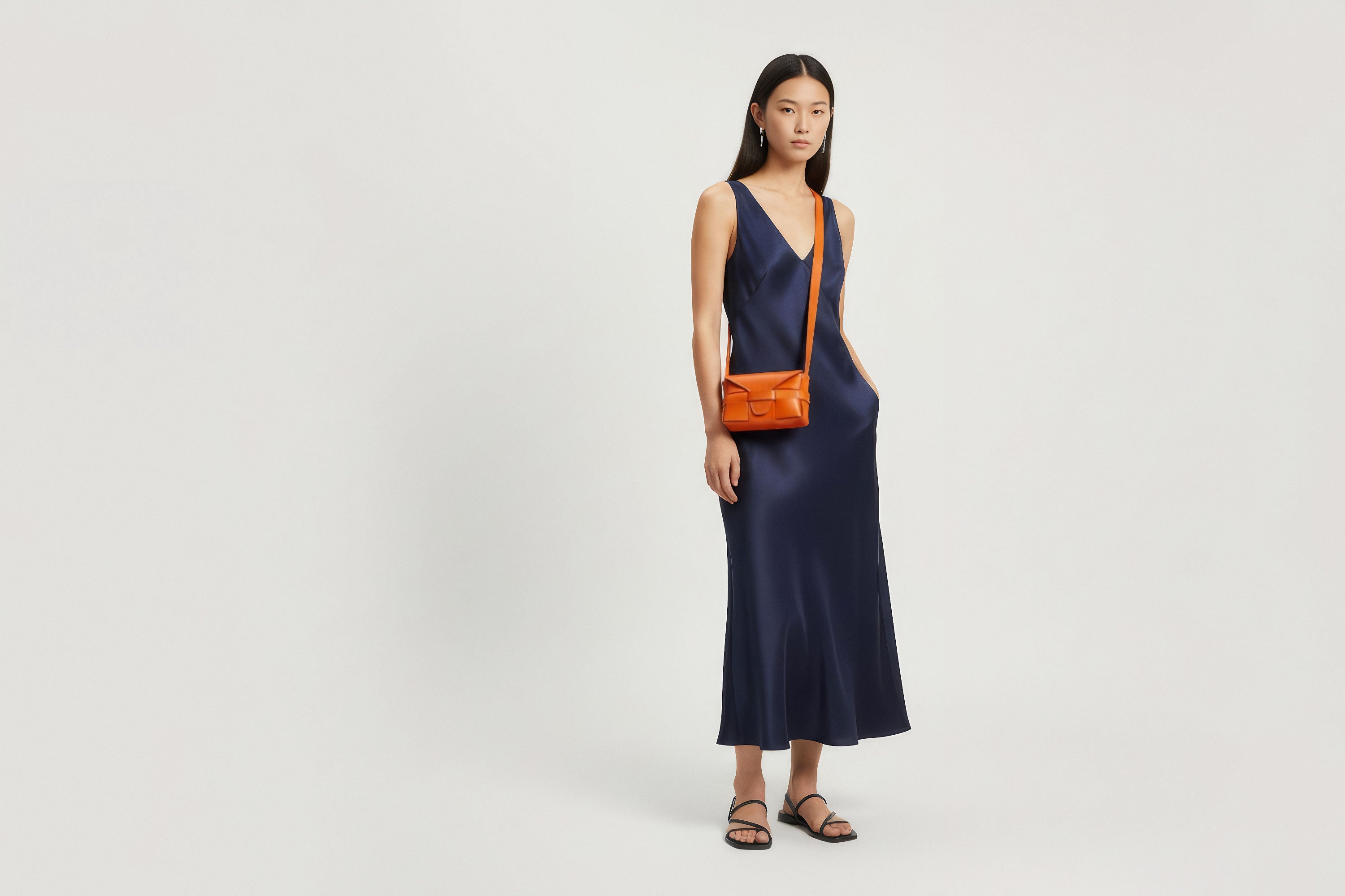 Woman wearing the orange color small Saka leather bag against a plain background. Minimalist design from Atelier Madre - Manuel Dreesmann in Barcelona