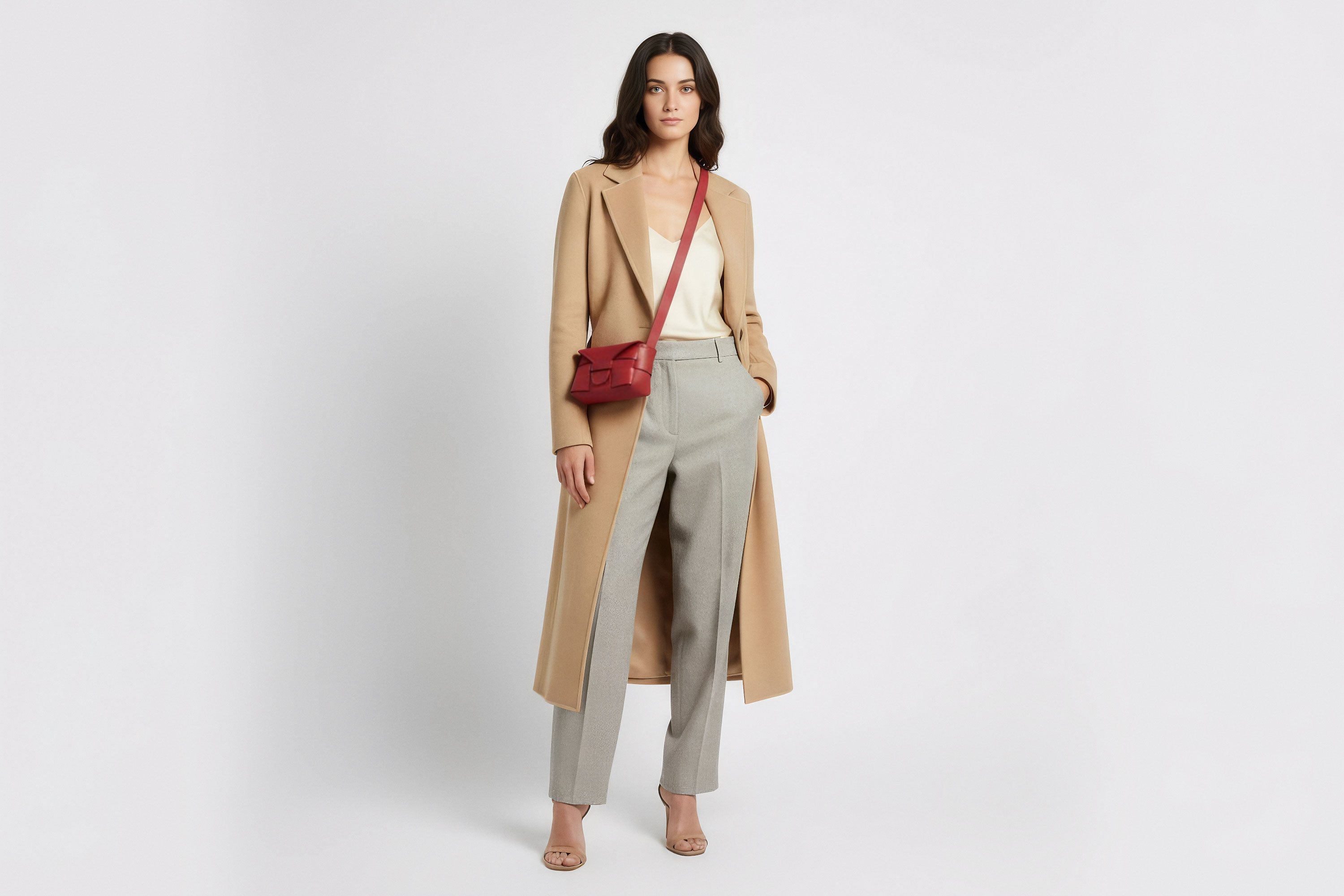 Woman wearing the red small Saka leather bag against a plain background. Minimalist design from Atelier Madre - Manuel Dreesmann in Barcelona