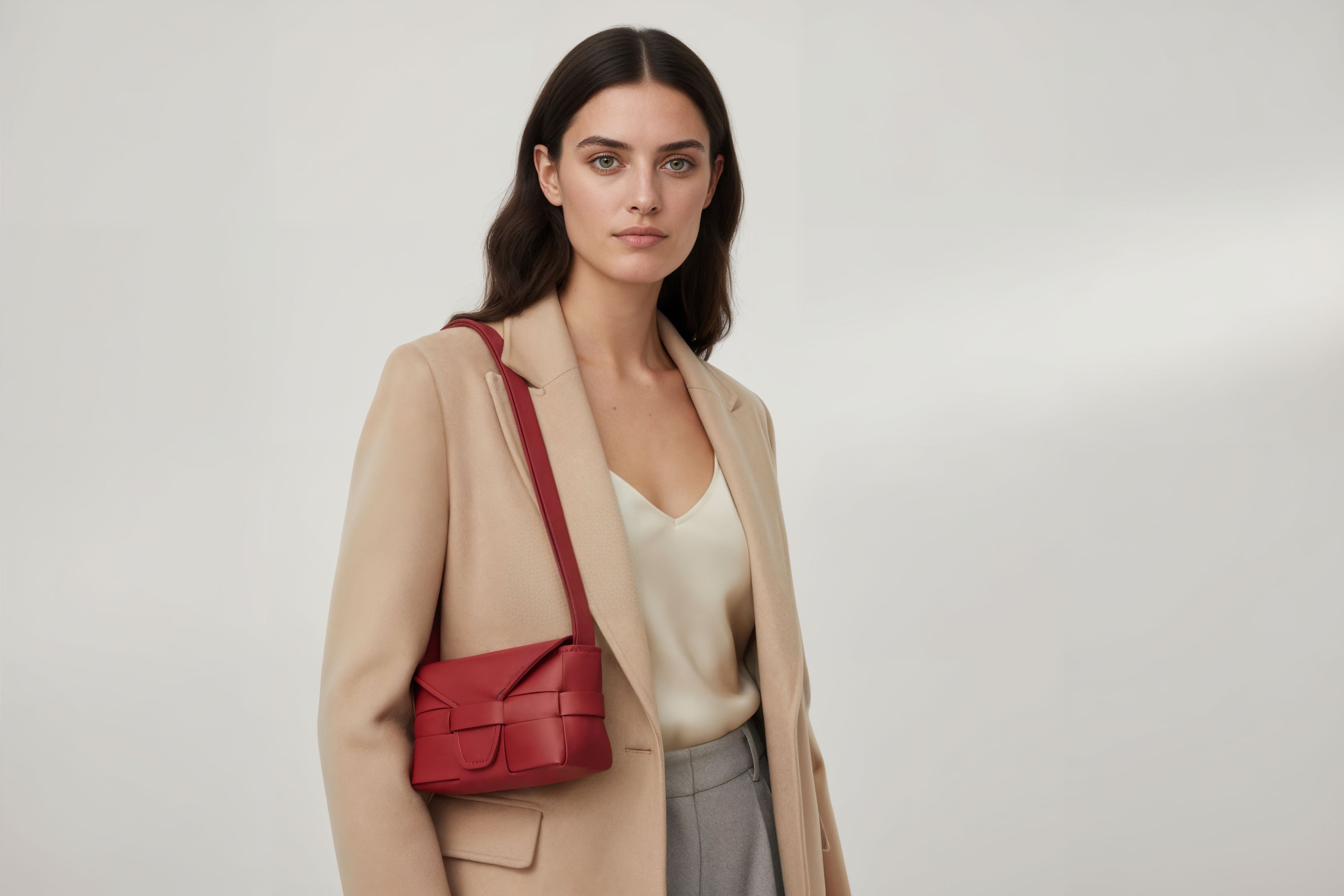 Woman wearing the red small Saka leather bag against a plain background. Minimalist design from Atelier Madre - Manuel Dreesmann in Barcelona