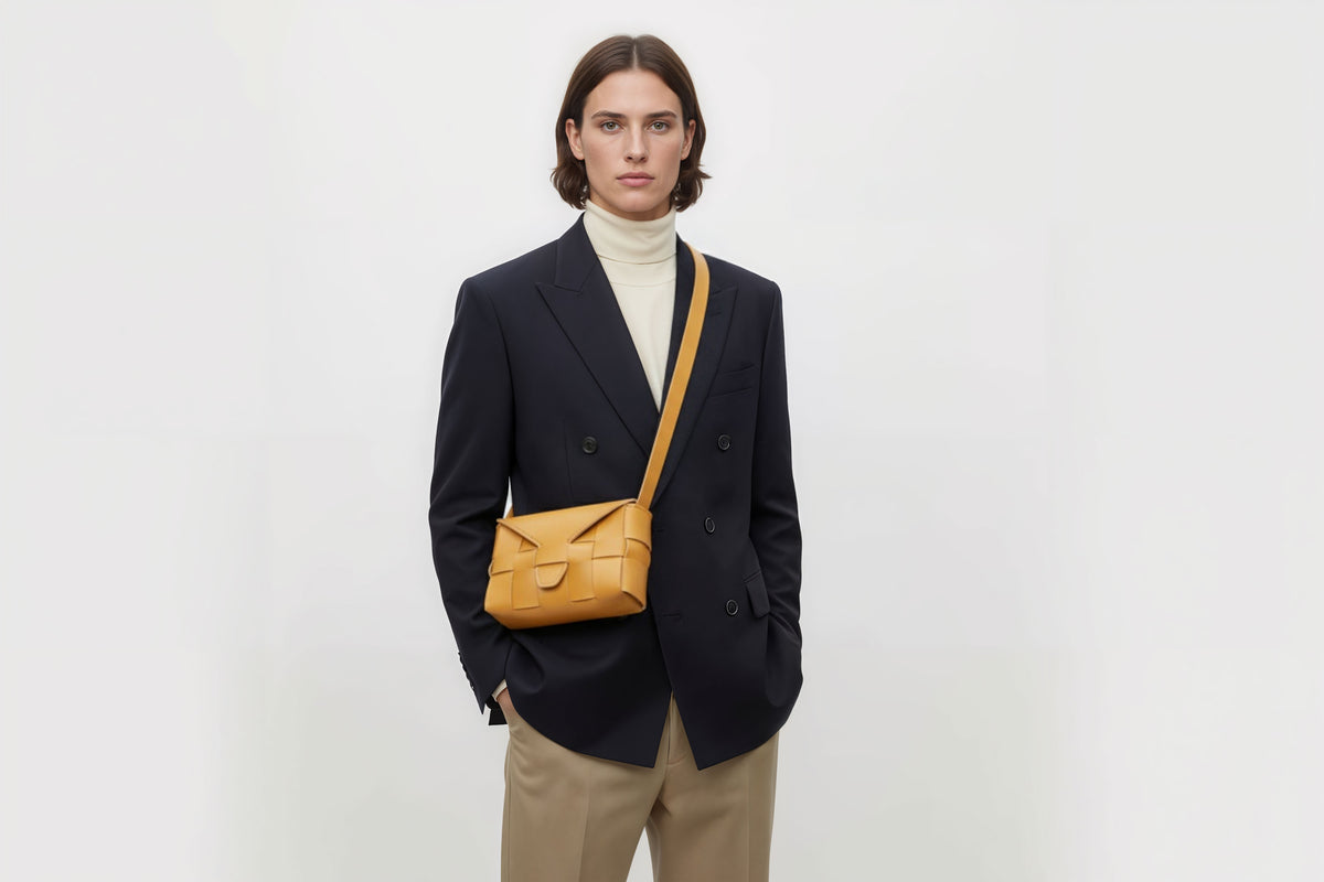 Saka on a model Brown Colour Leather Vegetable Tanned Modern Minimal Design Premium Quality Atelier Madre Manuel Dreesmann Barcelona 1