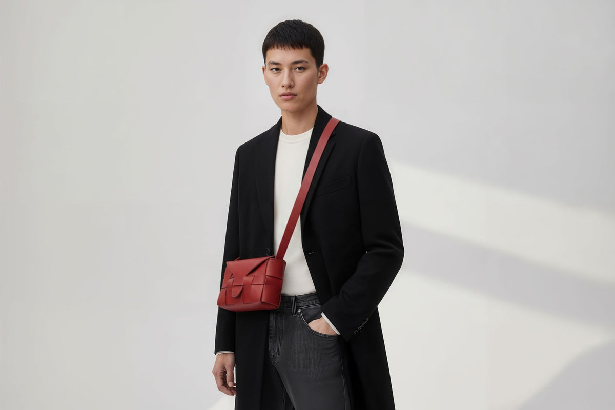 Saka on a model Red Colour Leather Vegetable Tanned Modern Minimal Design Premium Quality Atelier Madre Manuel Dreesmann Barcelona 1