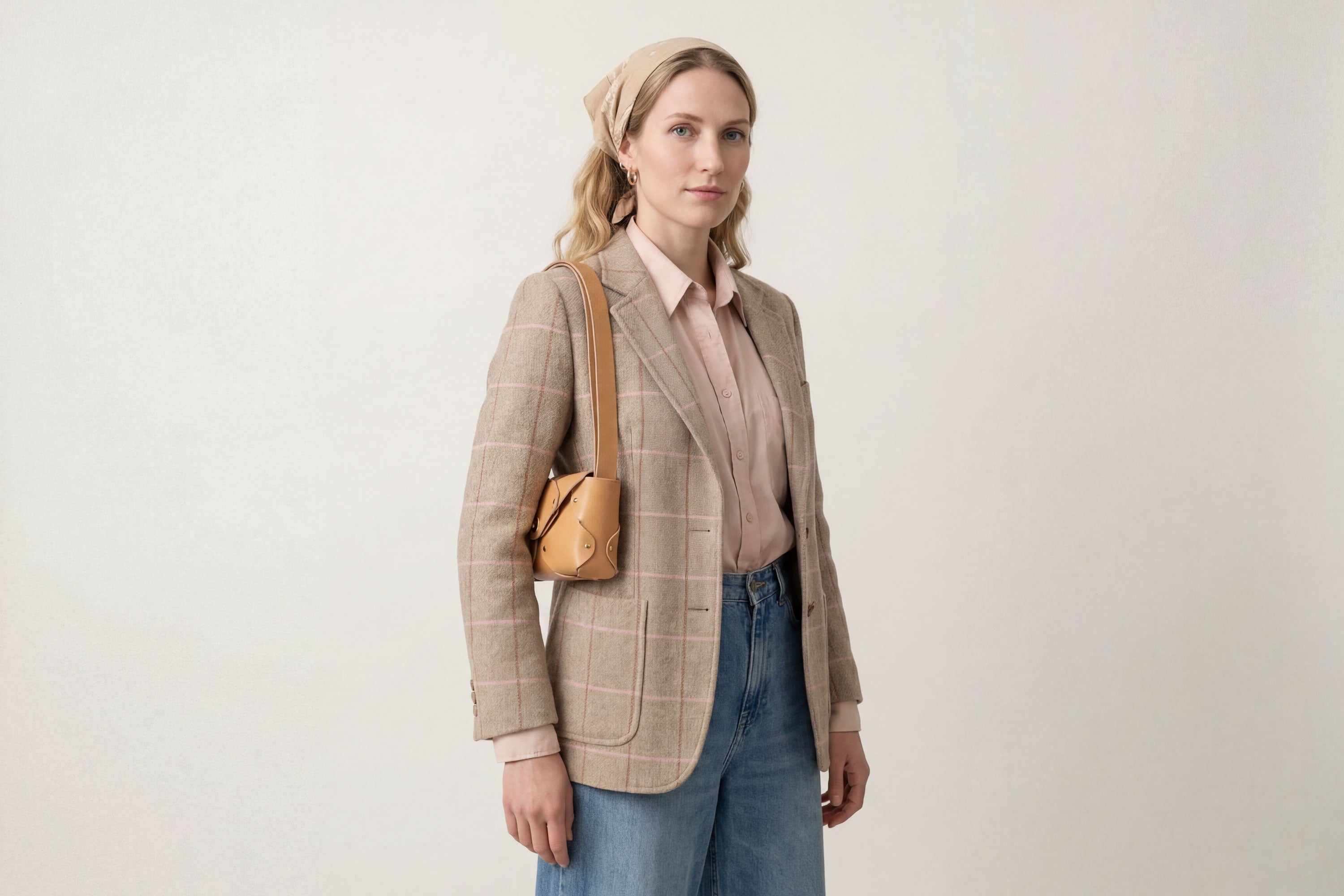 Tamara Bag Brown Color On A Woman Model Leather Vegetable Tanned Leather Minimalist Modern Design Rivets Brass Premium Shoulderbag Atelier Madre Manuel Dreesmann Barcelona Spain