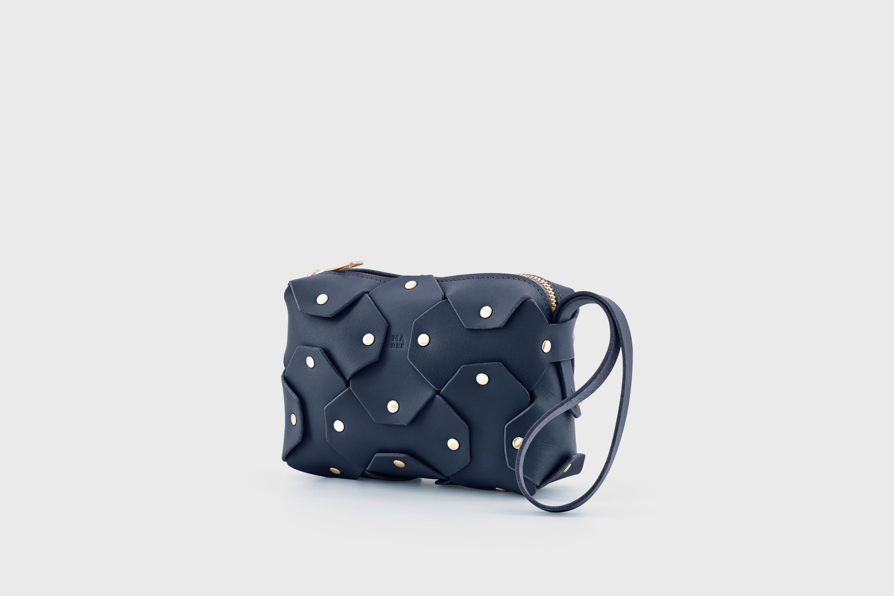 Rivet Bag Small Leather Marine Blue Color Clutch Crossbody Shoulder Detachable Full Brass Vegetable Tanned Full Grain Leather High Quality Modern Minimalistic Design Atelier Madre Manuel Dreesmann Barcelona Spain