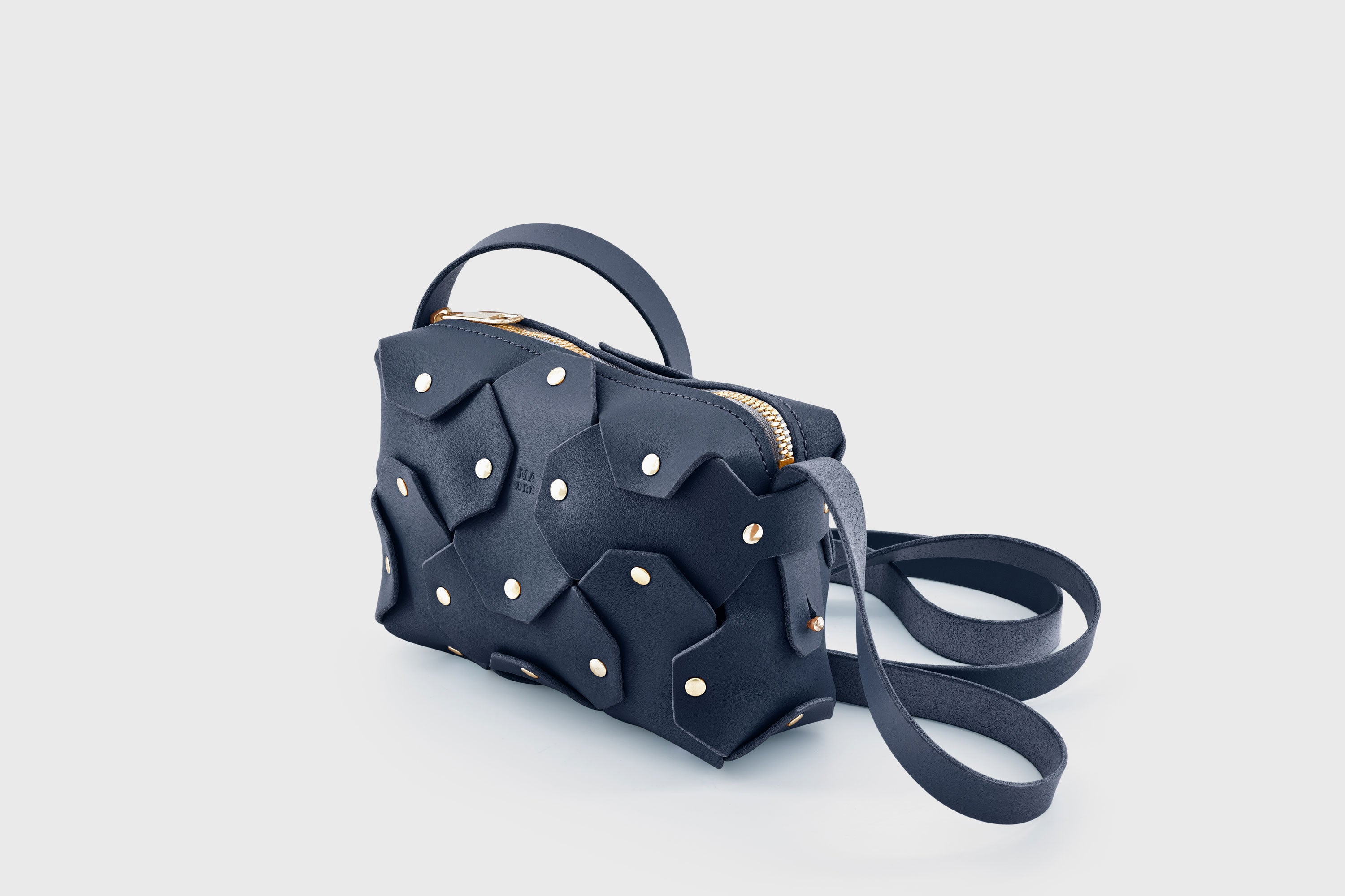 Rivet Bag Small Leather Marine Blue Color Clutch Crossbody Shoulder Detachable Full Brass Vegetable Tanned Full Grain Leather High Quality Modern Minimalistic Design Atelier Madre Manuel Dreesmann Barcelona Spain