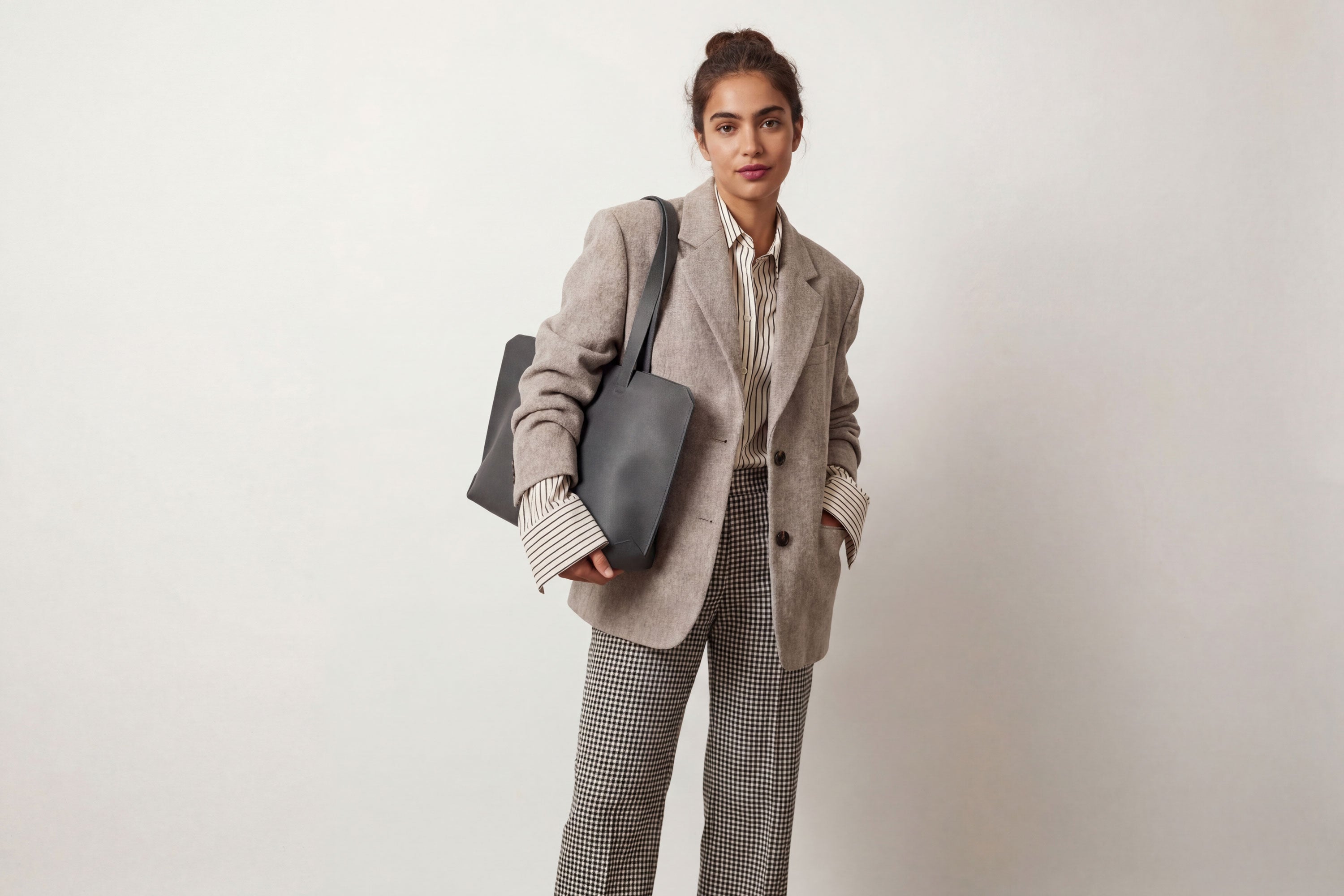 Tote Bag Leather Black Color On a Woman Model Vegetable Tanned Leather Natural Minimalistic Design By Manuel Dreesmann Atelier Madre Barcelona Spain