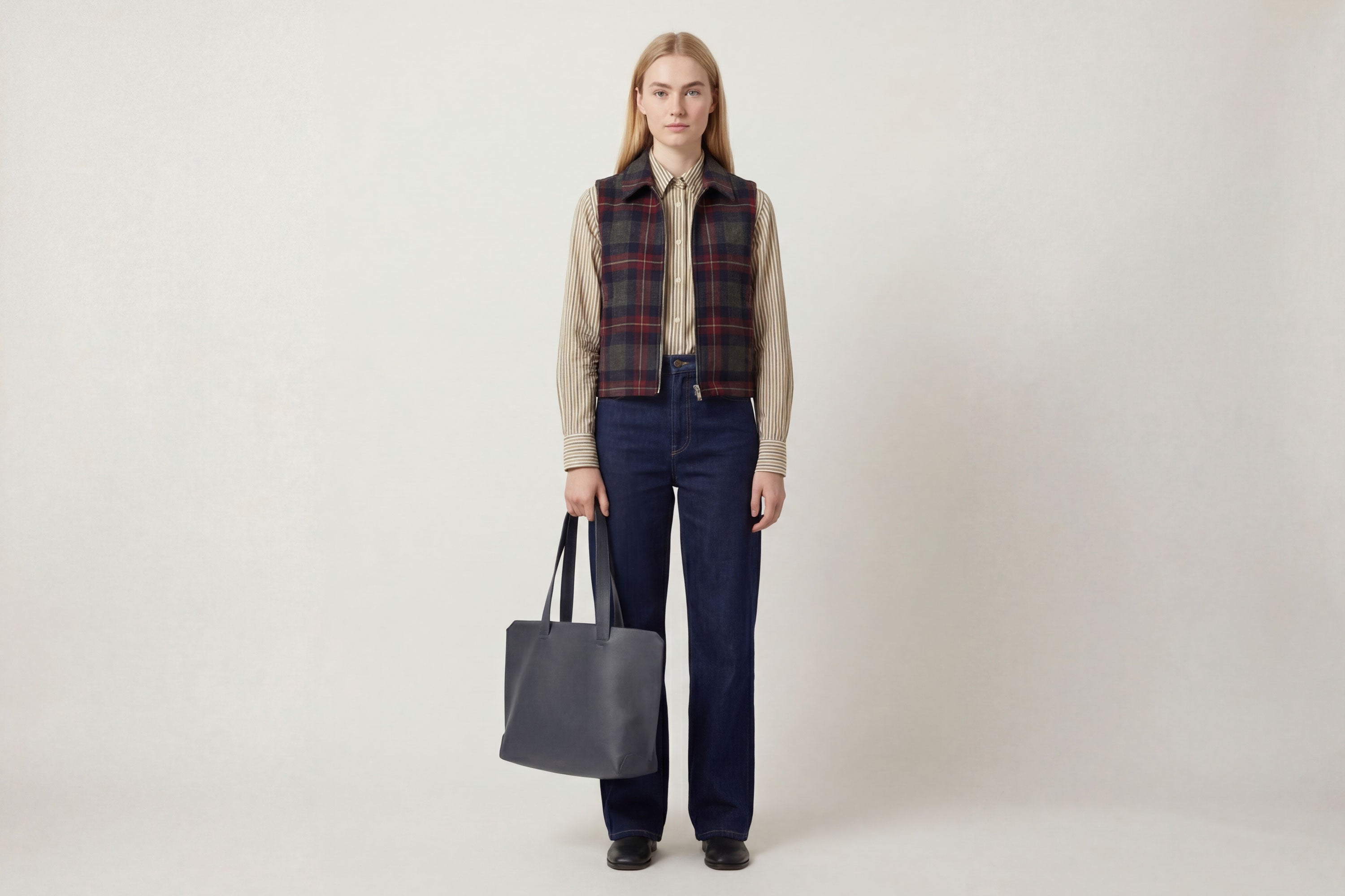 Tote Bag Leather Marine Blue Color On A Woman Model Vegetable Tanned Leather Natural Minimalistic Design By Manuel Dreesmann Atelier Madre Barcelona Spain