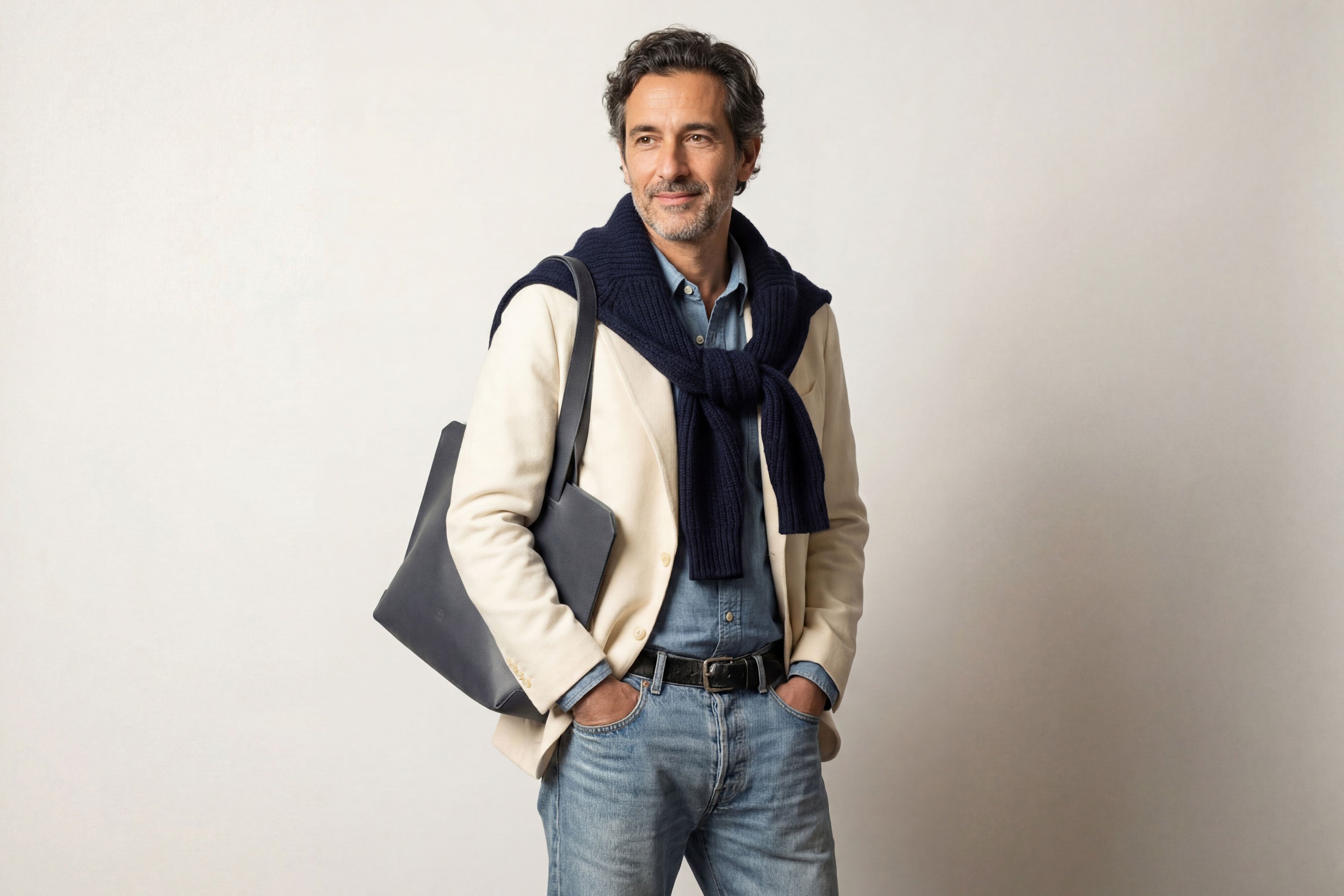 Tote Bag Leather Marine Blue Color On A Man Model Vegetable Tanned Leather Natural Minimalistic Design By Manuel Dreesmann Atelier Madre Barcelona Spain