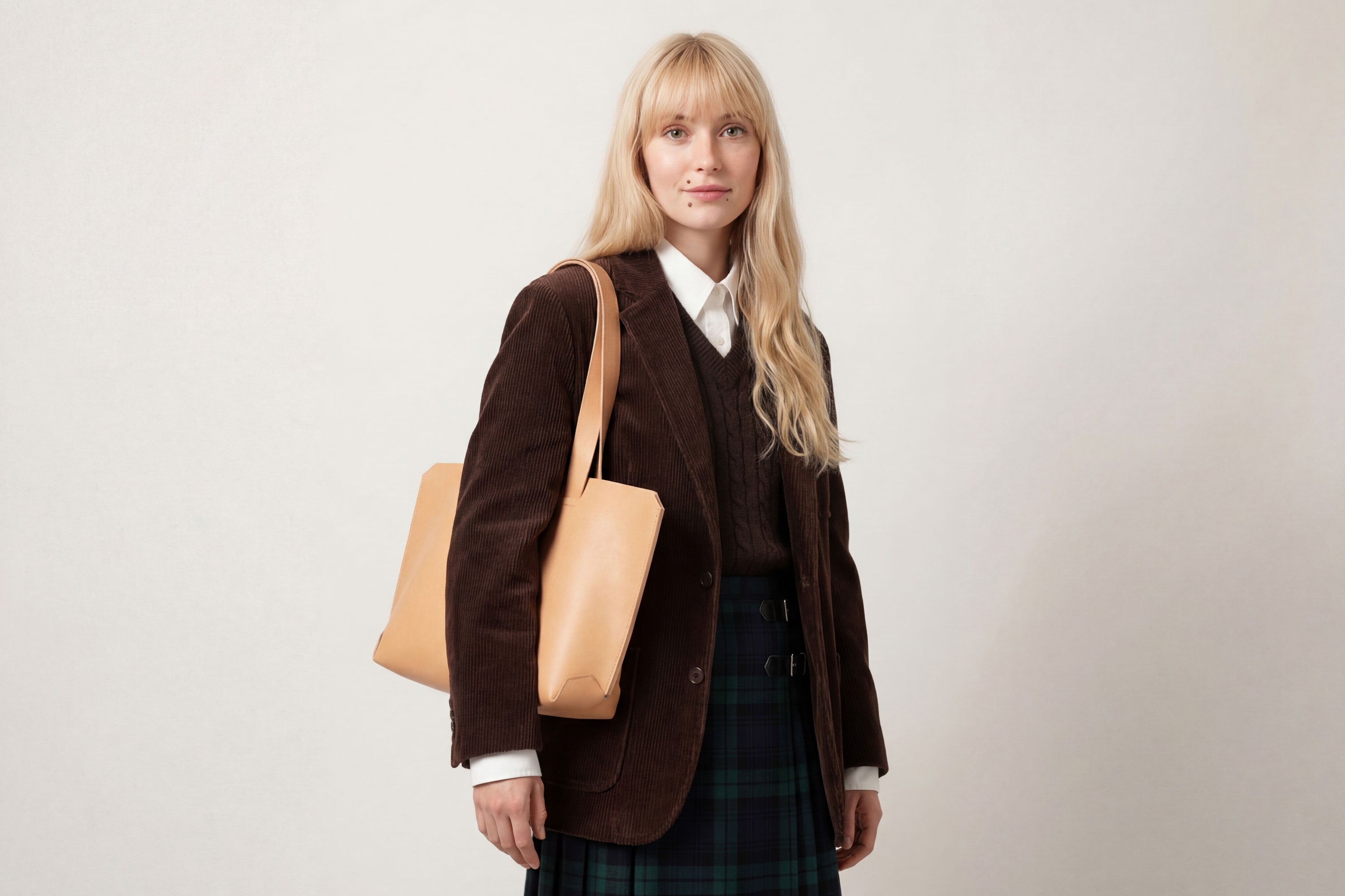 Tote Bag Natural Leather On a Woman Model Vegetable Tanned Leather Natural Minimalistic Design By Manuel Dreesmann Atelier Madre Barcelona Spain