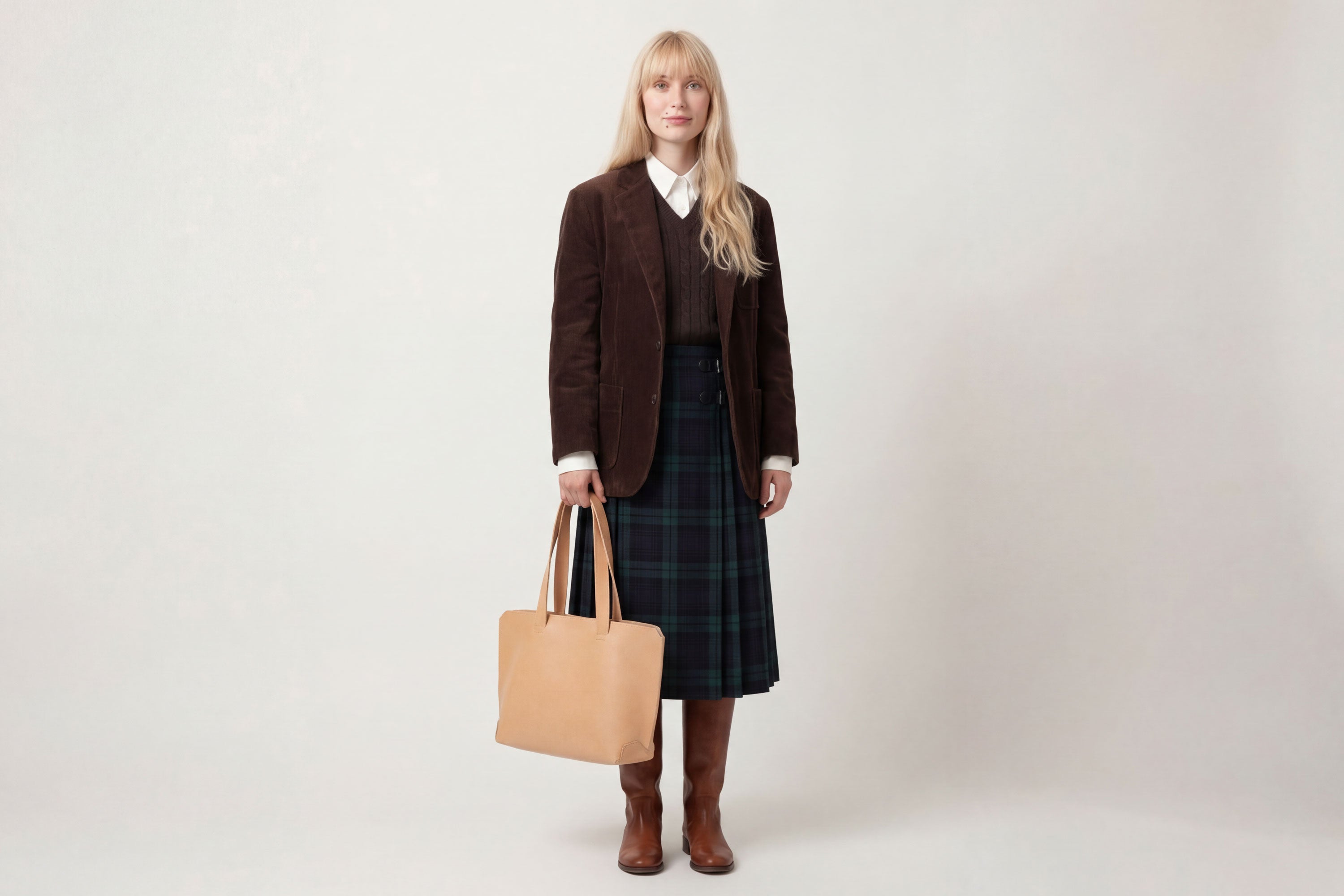 Tote Bag Natural Leather On a Woman Model Vegetable Tanned Leather Natural Minimalistic Design By Manuel Dreesmann Atelier Madre Barcelona Spain