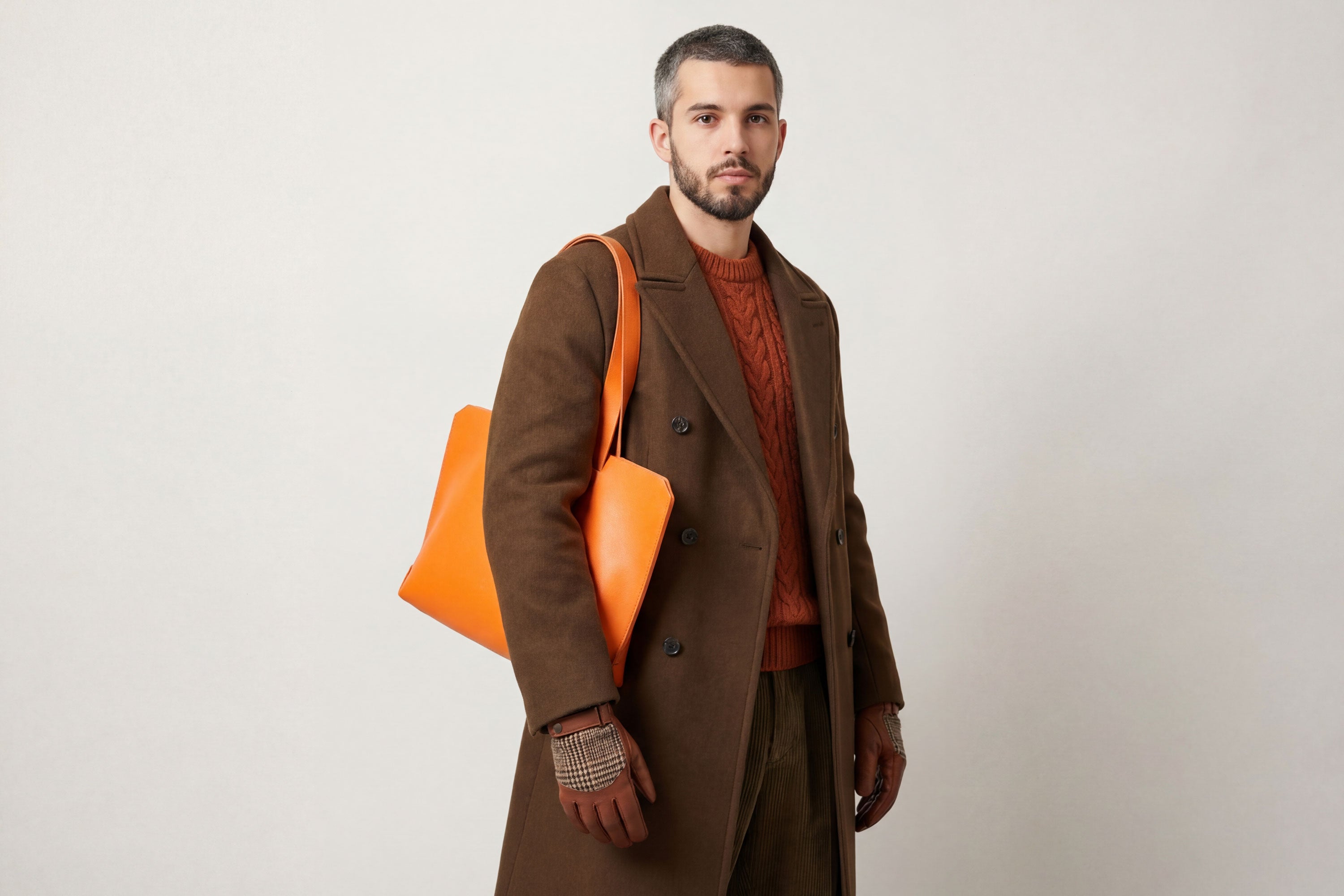 Tote Bag Leather Orange Color On a Man Model Vegetable Tanned Leather Natural Minimalistic Design By Manuel Dreesmann Atelier Madre Barcelona Spain