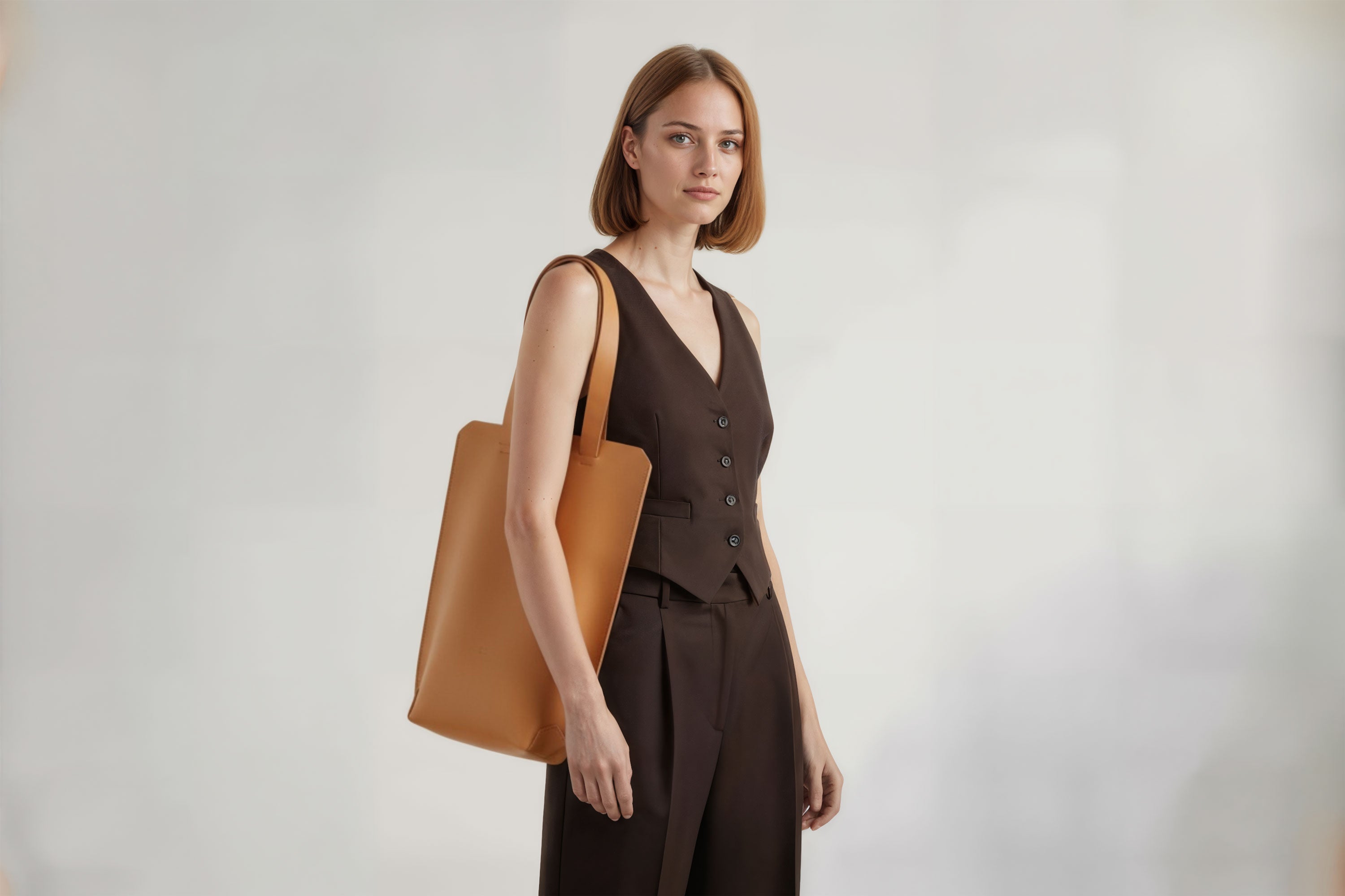 Tote Bag Long Brown Color Leather Bag On A Woman Model Vegetable Tanned Leather Exclusive Quality Craftsmanship Handmade Design By Manuel Dreesmann Atelier Madre Barcelona Spain