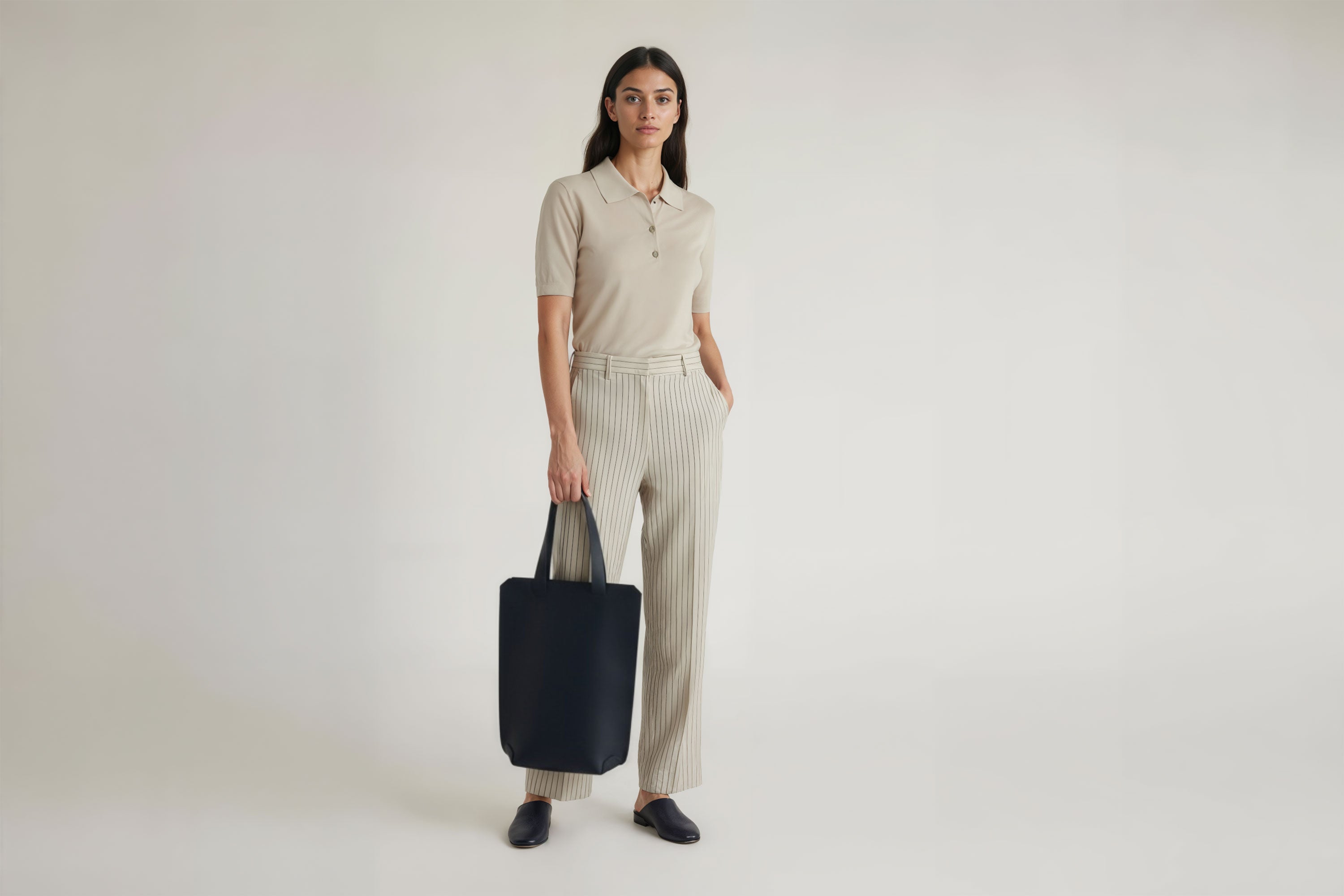 Tote Bag Long Marine Blue Color Leather Bag On A Woman Model Vegetable Tanned Leather Exclusive Quality Craftsmanship Handmade Design By Manuel Dreesmann Atelier Madre Barcelona Spain