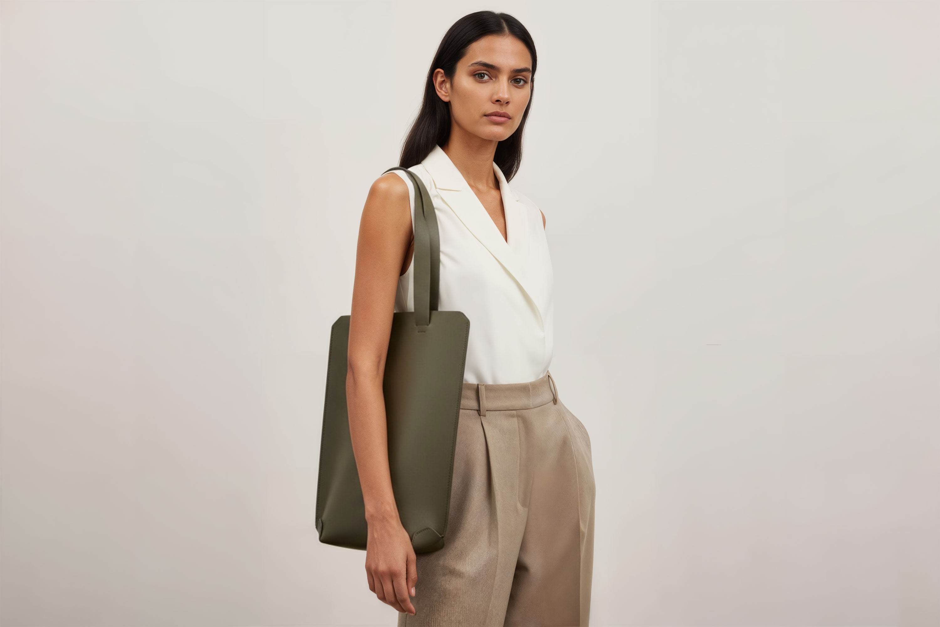 Tote Bag Long Olive Green Color Leather Bag On A Woman Model Vegetable Tanned Leather Exclusive Quality Craftsmanship Handmade Design By Manuel Dreesmann Atelier Madre Barcelona Spain