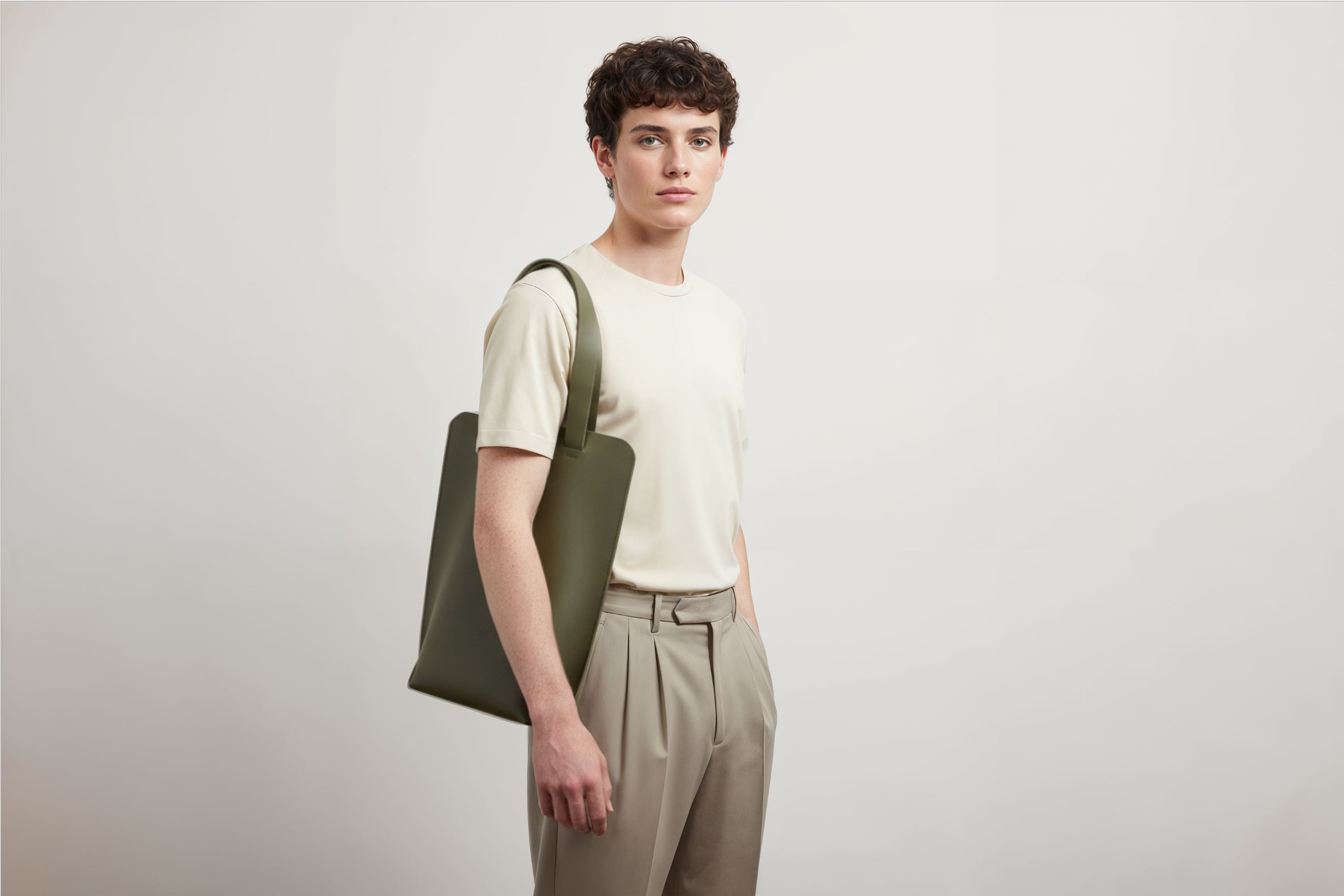 Tote Bag Long Olive Green Color Leather Bag On A Man Model Vegetable Tanned Leather Exclusive Quality Craftsmanship Handmade Design By Manuel Dreesmann Atelier Madre Barcelona Spain