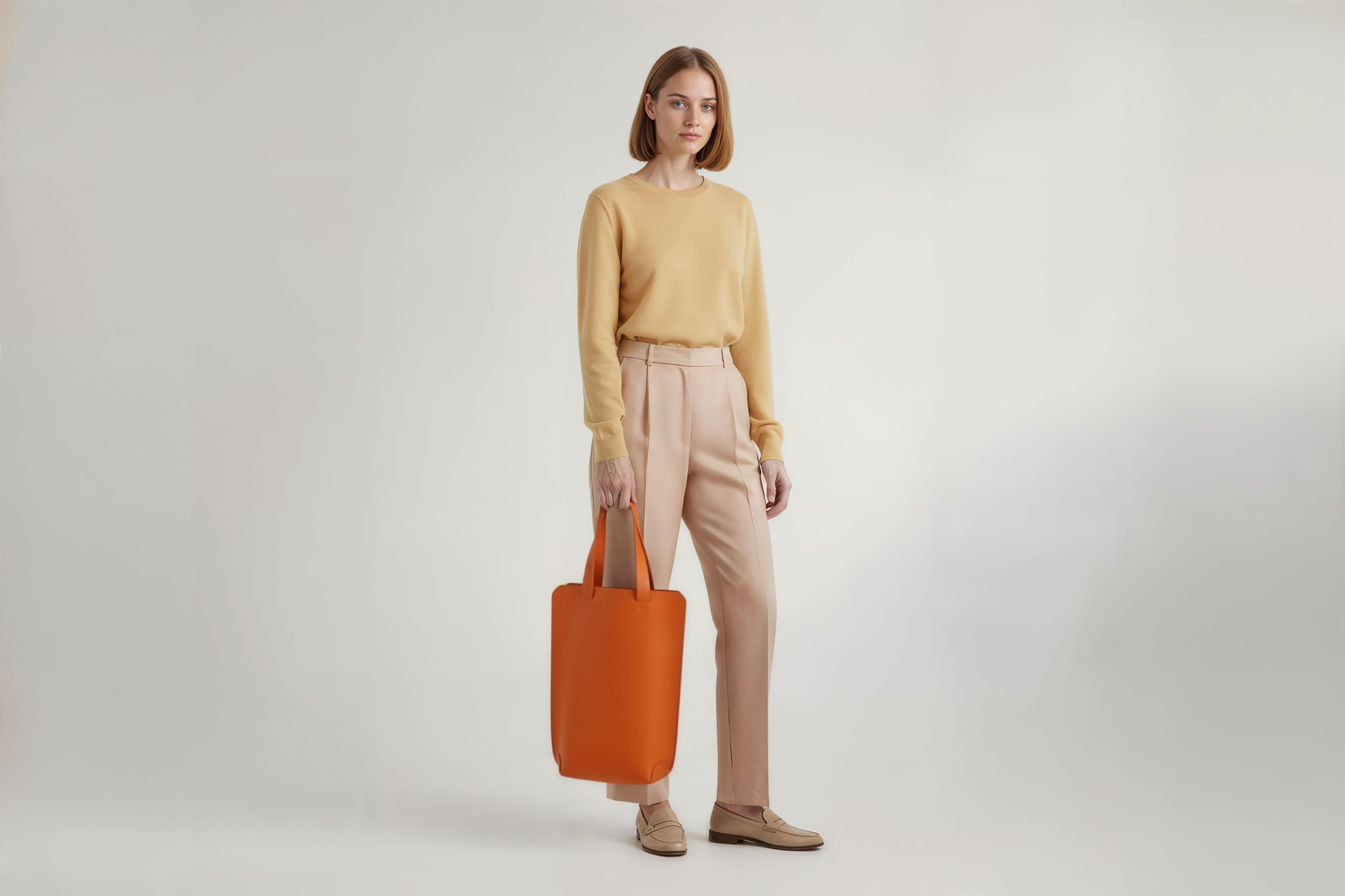 Tote Bag Long Orange Color Leather Bag On A Woman Model Vegetable Tanned Leather Exclusive Quality Craftsmanship Handmade Design By Manuel Dreesmann Atelier Madre Barcelona Spain