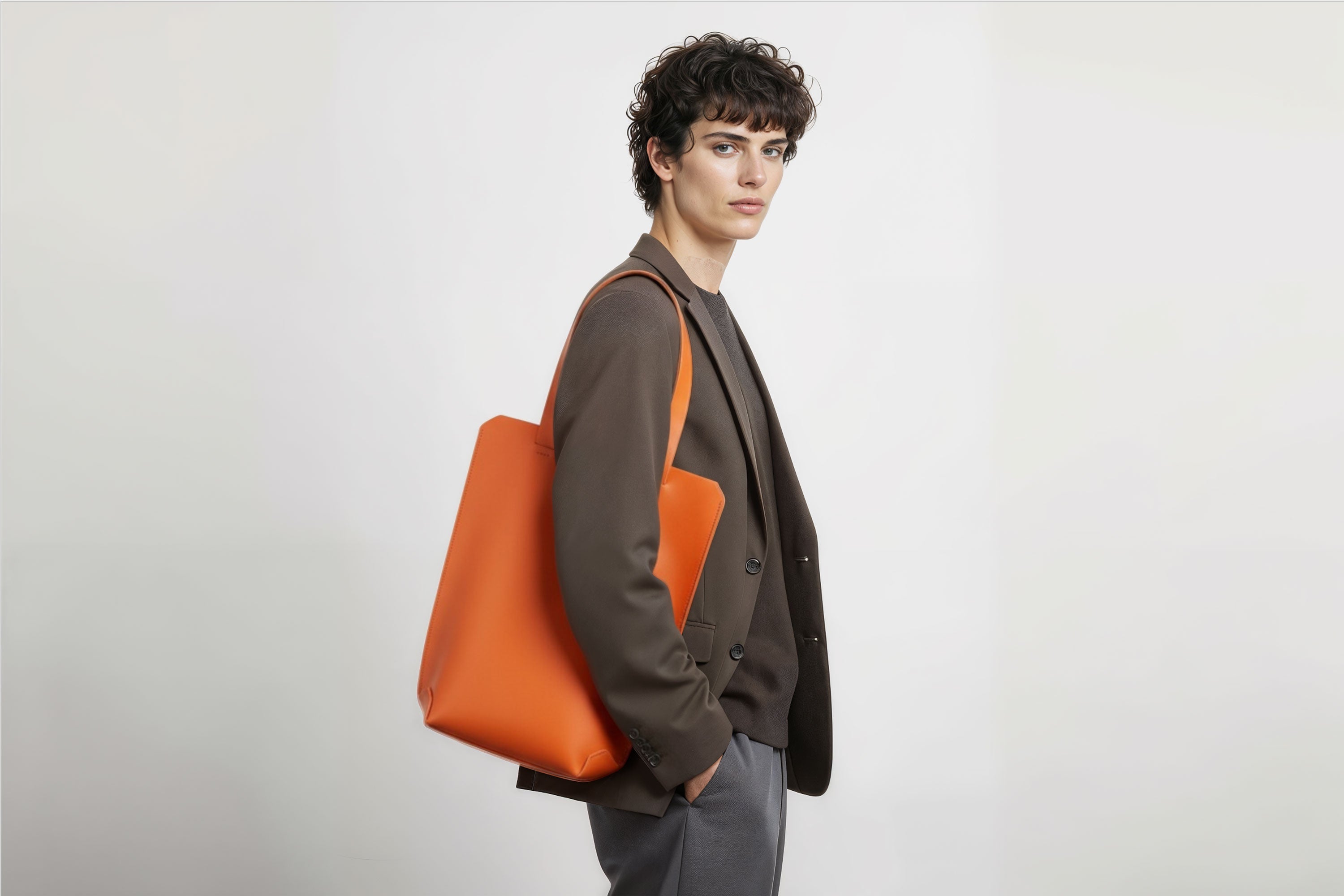 Tote Bag Long Orange Color Leather Bag On A Man Model Vegetable Tanned Leather Exclusive Quality Craftsmanship Handmade Design By Manuel Dreesmann Atelier Madre Barcelona Spain