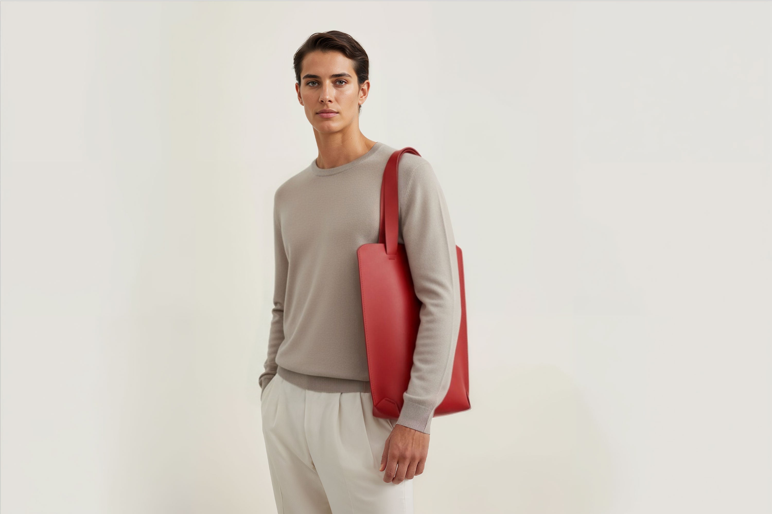 Tote Bag Long Red Color Leather Bag On A Man Model Vegetable Tanned Leather Exclusive Quality Craftsmanship Handmade Design By Manuel Dreesmann Atelier Madre Barcelona Spain