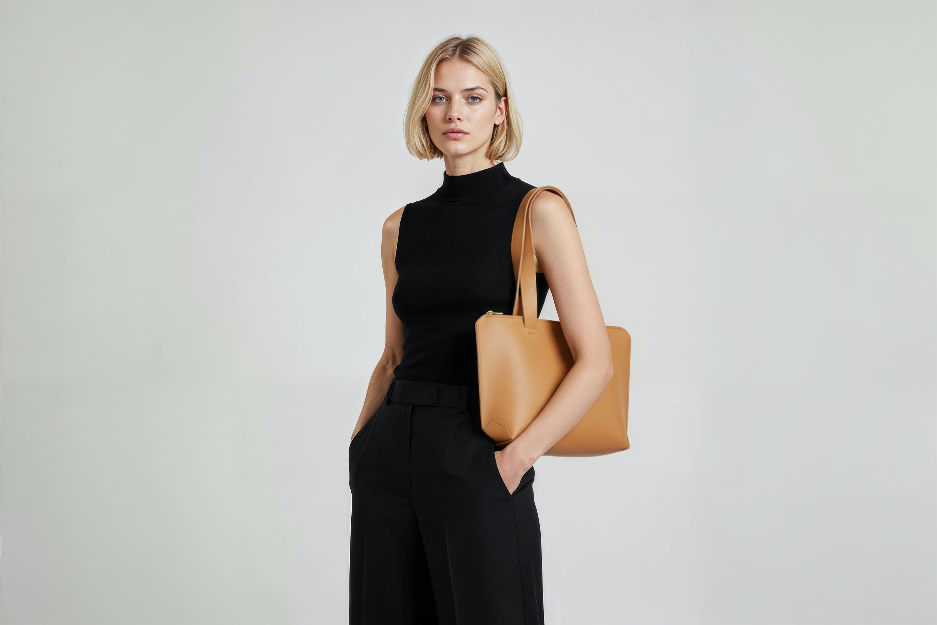 Tote Bag Leather Zipper Brown Color On A Woman Model Premium Quality Minimalist Design Atelier Madre Manuel Dreesmann Barcelona Spain