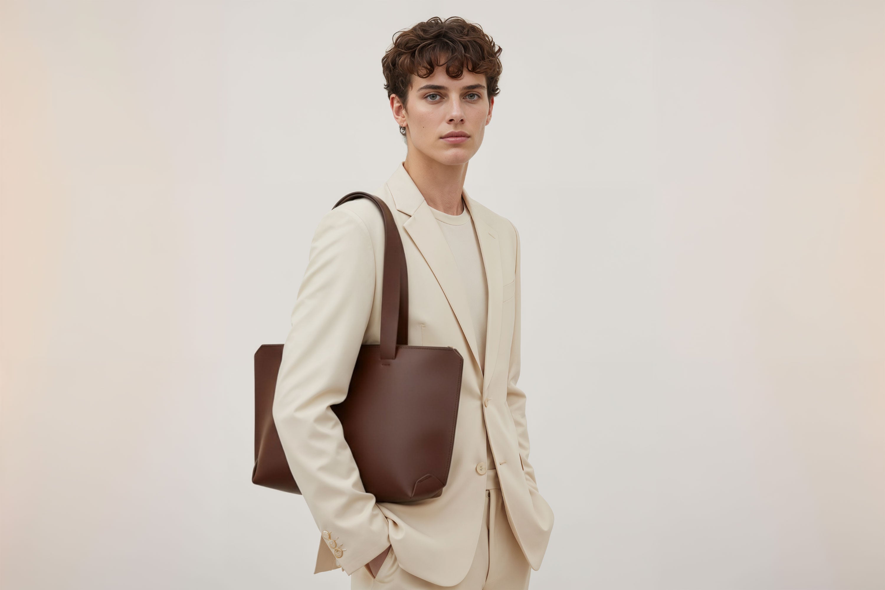 Tote Bag Leather Zipper Dark Brown Color On A Man Model Premium Quality Minimalist Design Atelier Madre Manuel Dreesmann Barcelona Spain
