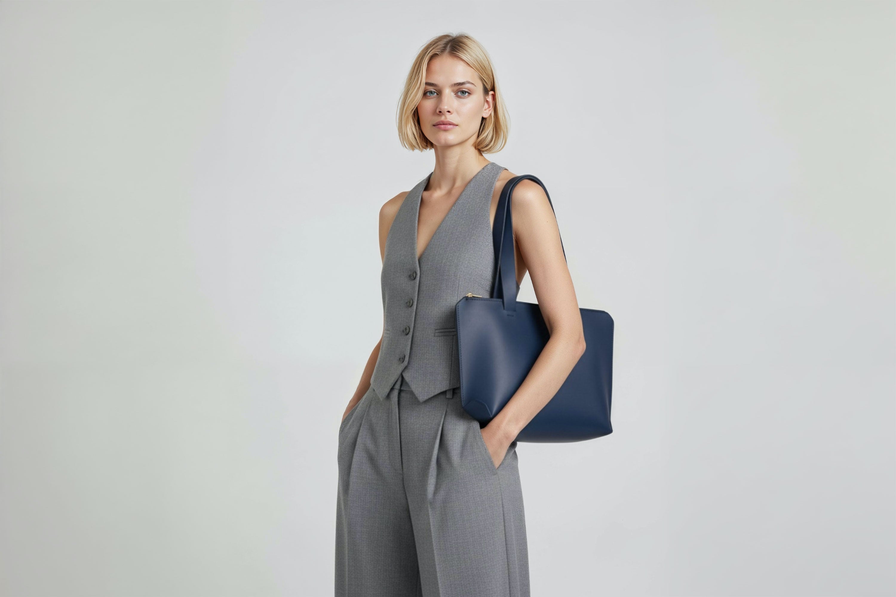 Tote Bag Leather Zipper Marine Blue Color On A Woman Model Premium Quality Minimalist Design Atelier Madre Manuel Dreesmann Barcelona Spain