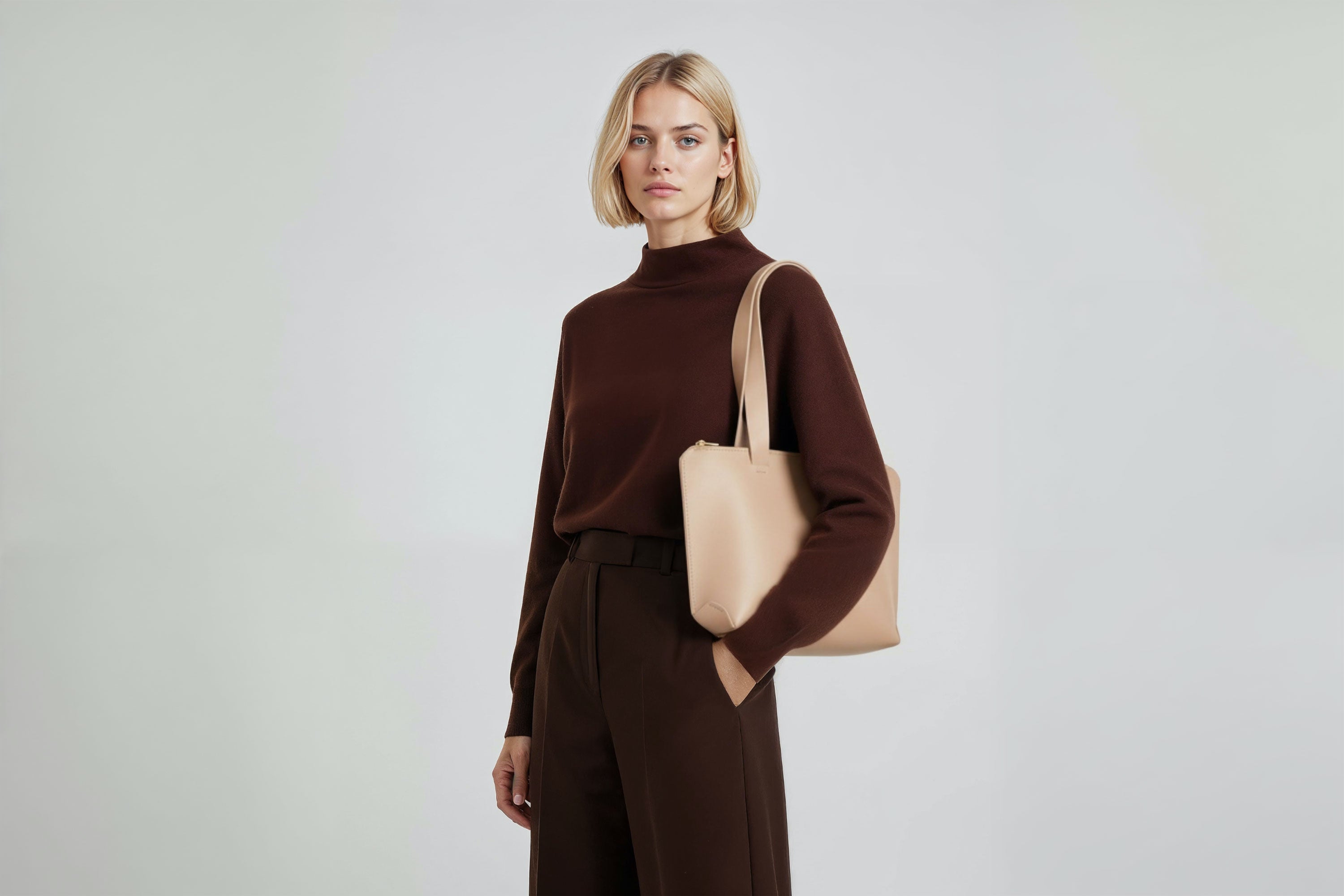 Tote Bag Leather Zipper Natural Color On A Woman Model Premium Quality Minimalist Design Atelier Madre Manuel Dreesmann Barcelona Spain