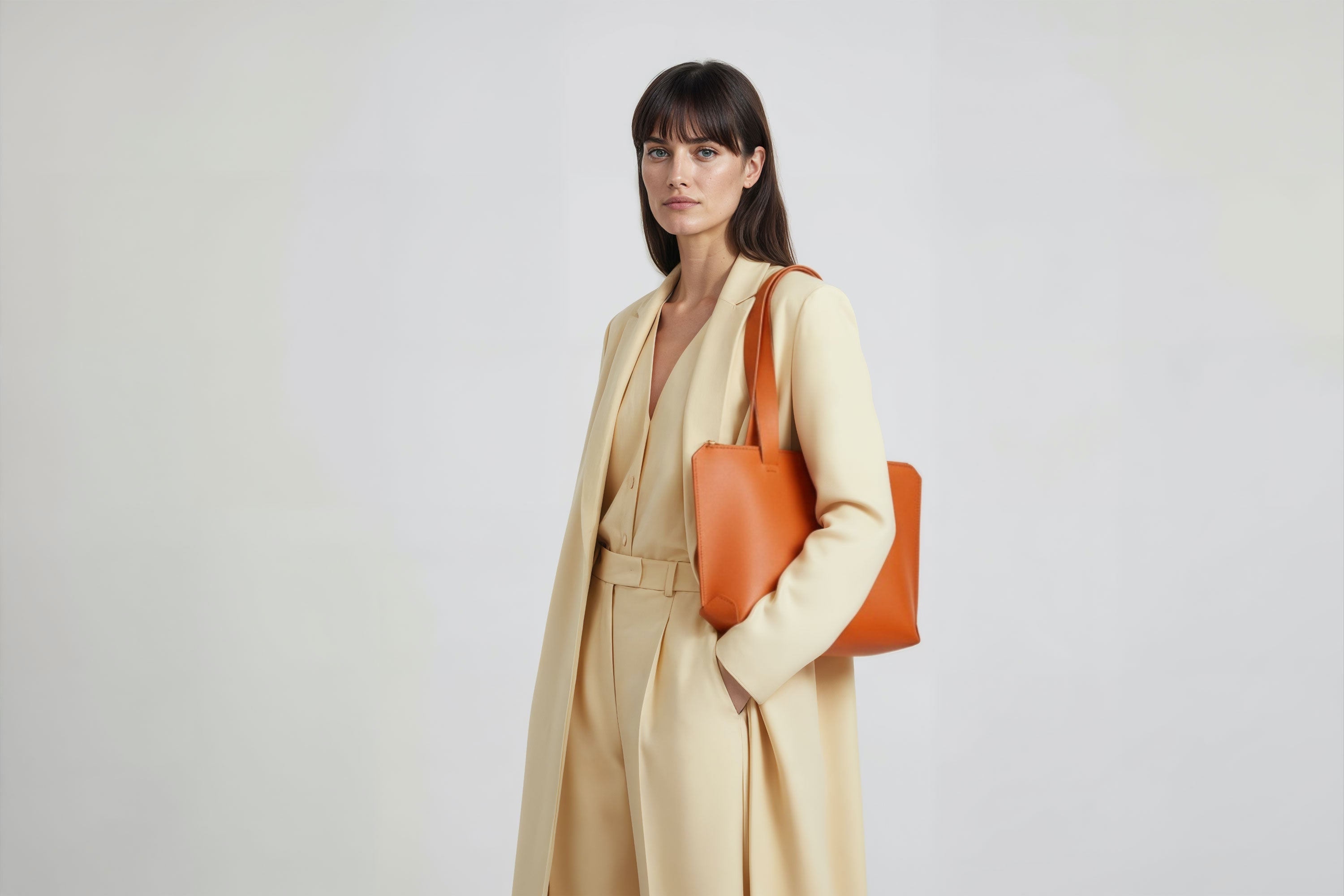 Tote Bag Leather Zipper Orange Color On A Woman Model Premium Quality Minimalist Design Atelier Madre Manuel Dreesmann Barcelona Spain