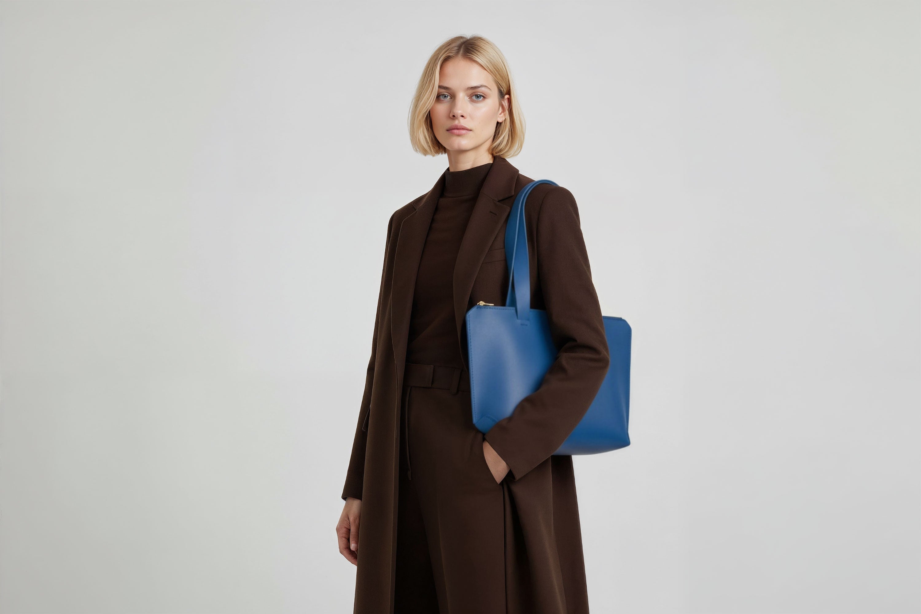 Tote Bag Leather Zipper Royal Blue Color On A Woman Model Premium Quality Minimalist Design Atelier Madre Manuel Dreesmann Barcelona Spain
