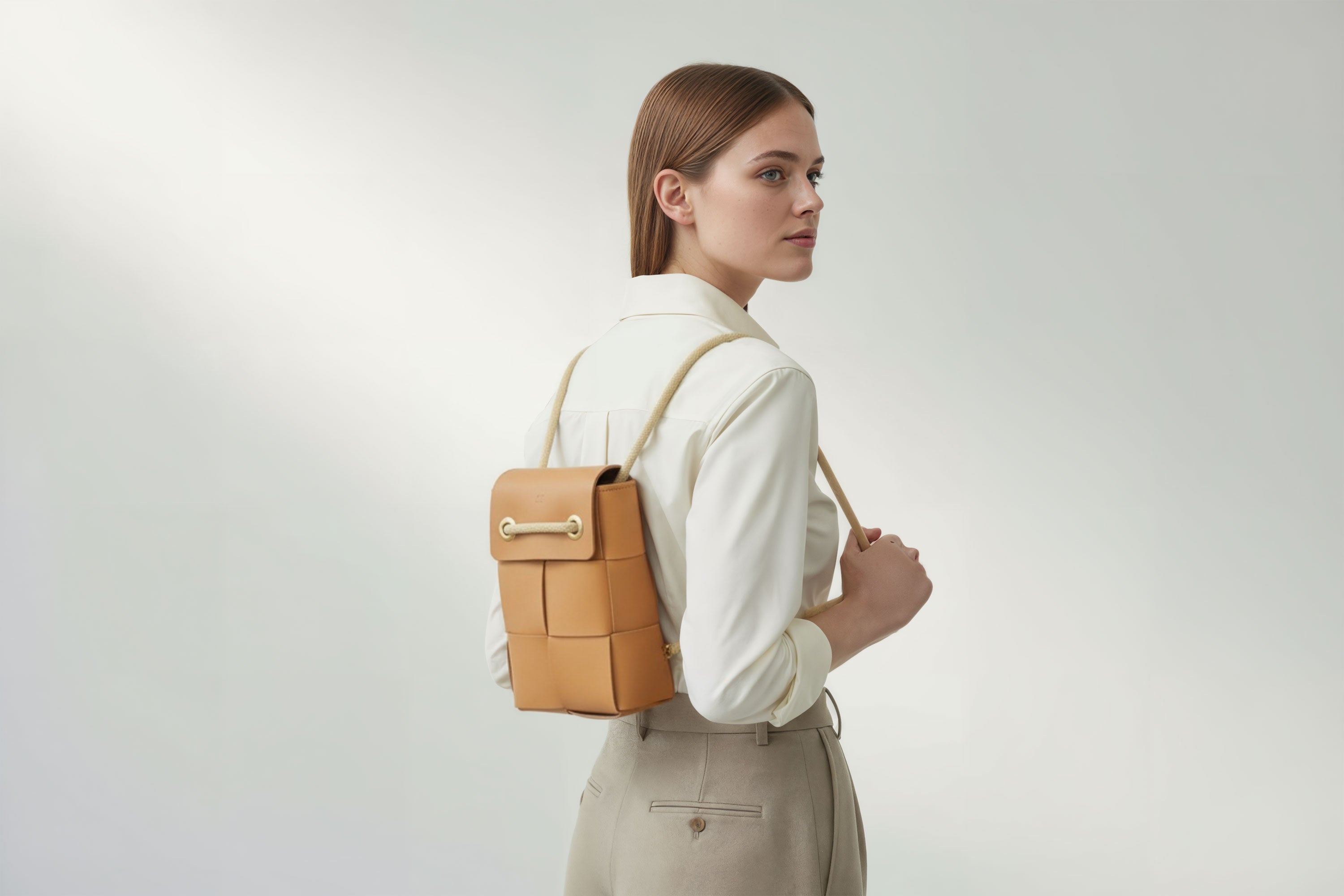 Woven Backpack Medium Brown Leather On Model Minimalistic Design Atelier Madre Manuel Dreesmann Barcelona