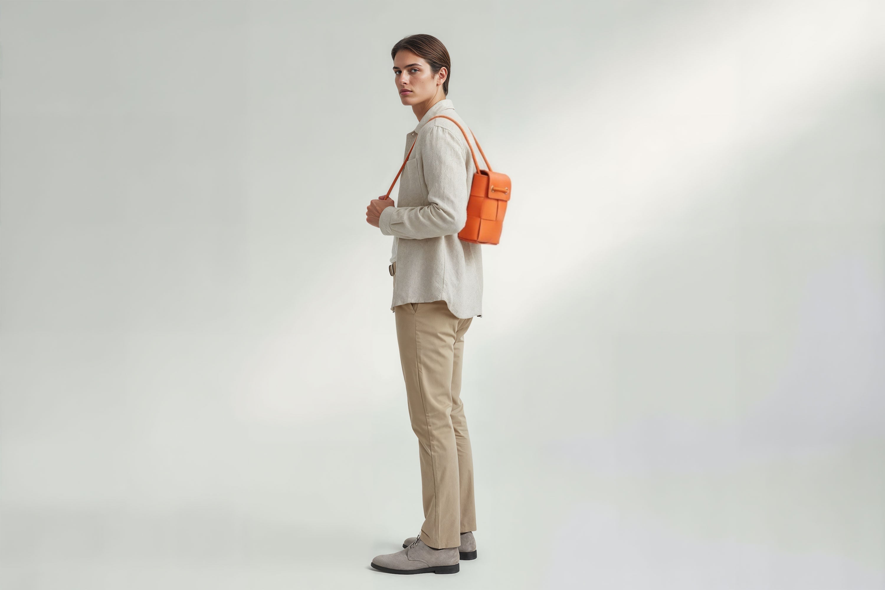 Woven Backpack Medium Orange Leather On Model Minimalistic Design Atelier Madre Manuel Dreesmann Barcelona