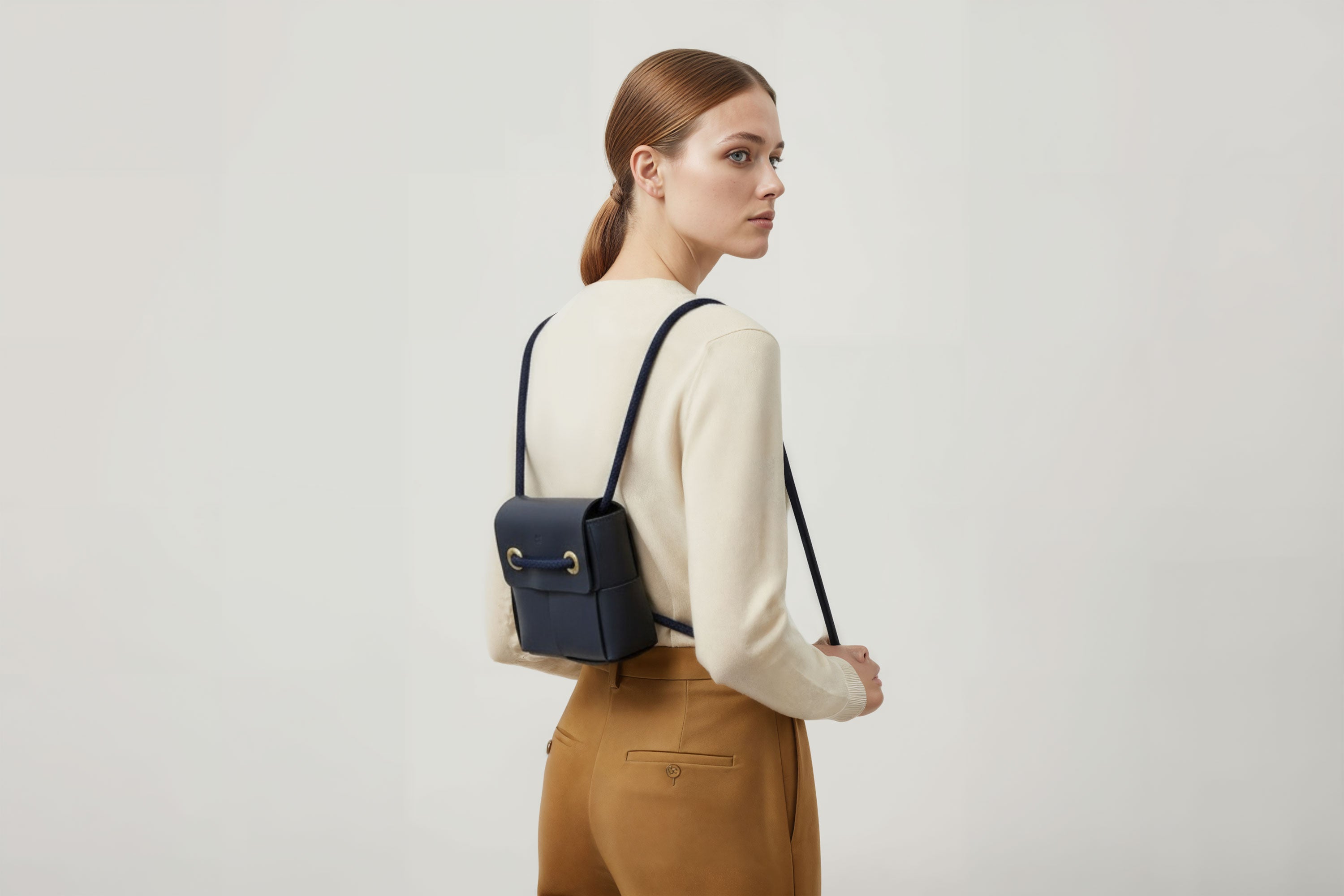 Woven Backpack Small Marine Blue Leather On Model Minimalistic Design Atelier Madre Manuel Dreesmann Barcelona