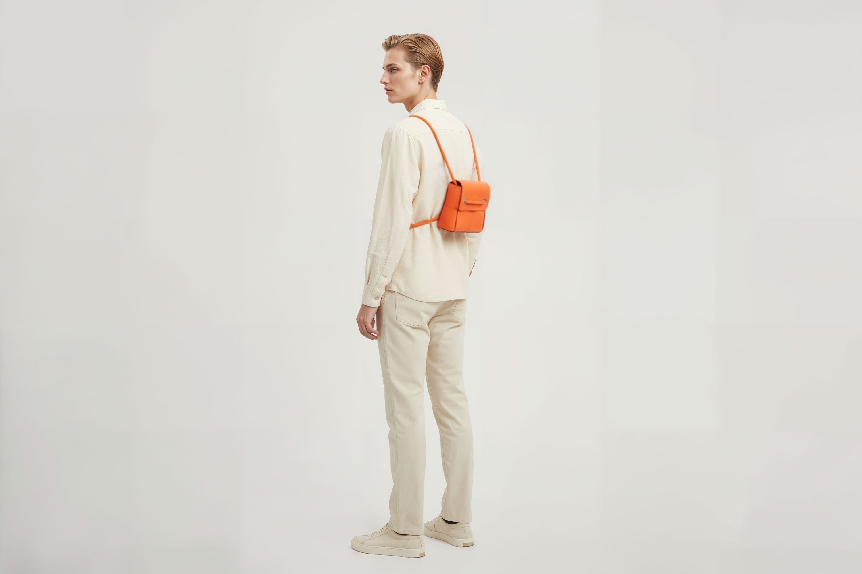 Woven Backpack Small Orange Leather On Model Minimalistic Design Atelier Madre Manuel Dreesmann Barcelona