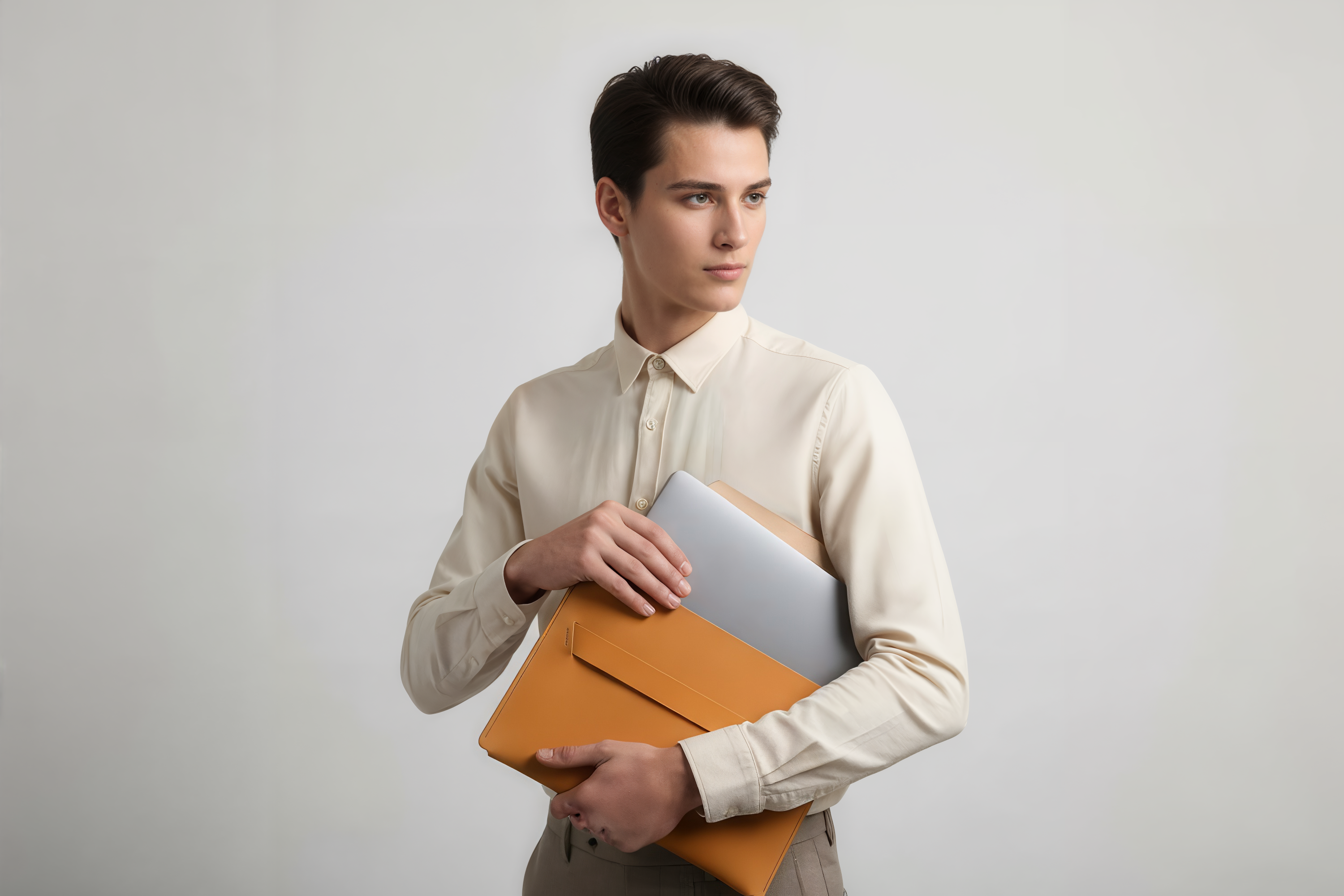 Man holding a leather sleeve for a MacBook in brown color in front of bright background minimalistic design atelier Madre Manuel Dreesmann Barcelona Spain