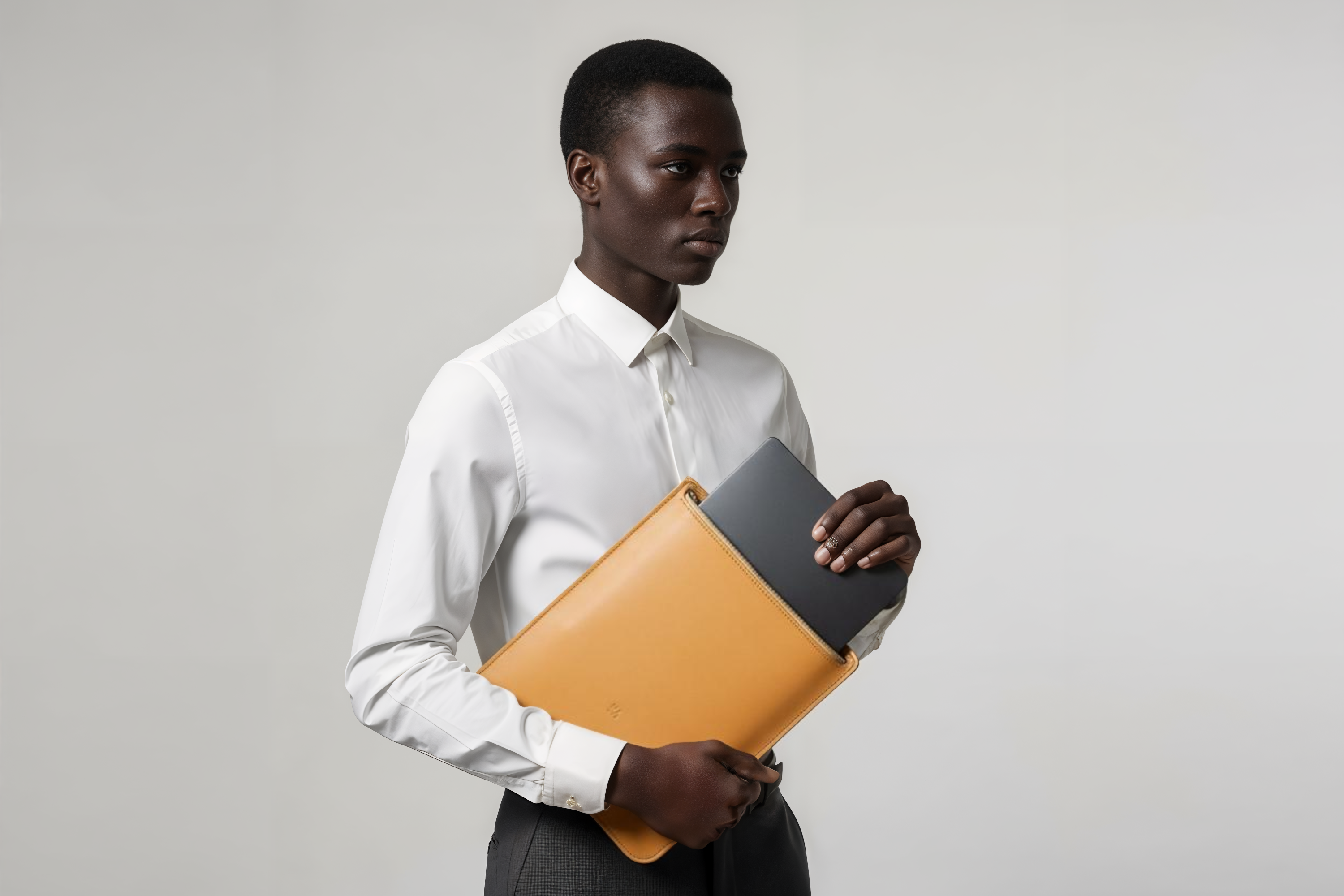 MacBook Sleeve Zipper Brown Leather Vertical On Man Model Grey Background Minimalistic Premium Design Atelier Madre Manuel Dreesmann Barcelona