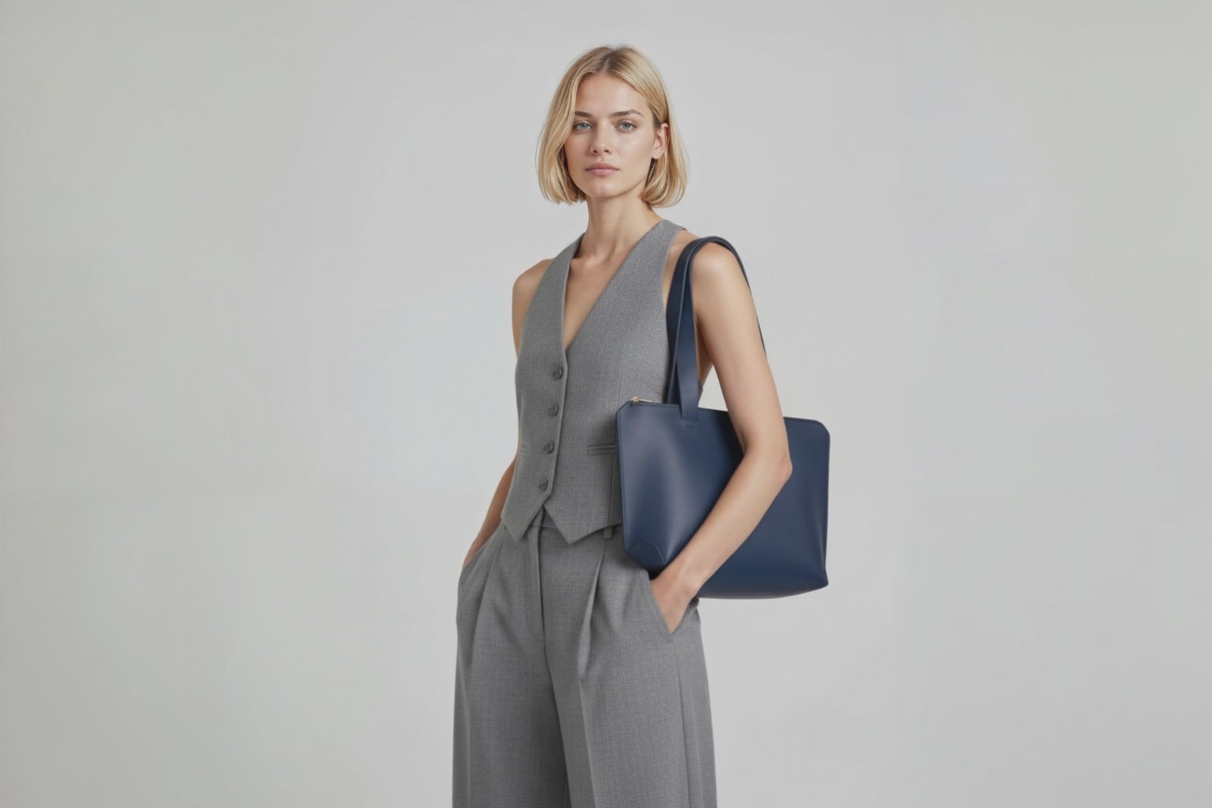 Tote Bag Leather Zipper Marine Blue Color On A Woman Model Premium Quality Minimalist Design Atelier Madre Manuel Dreesmann Barcelona Spain