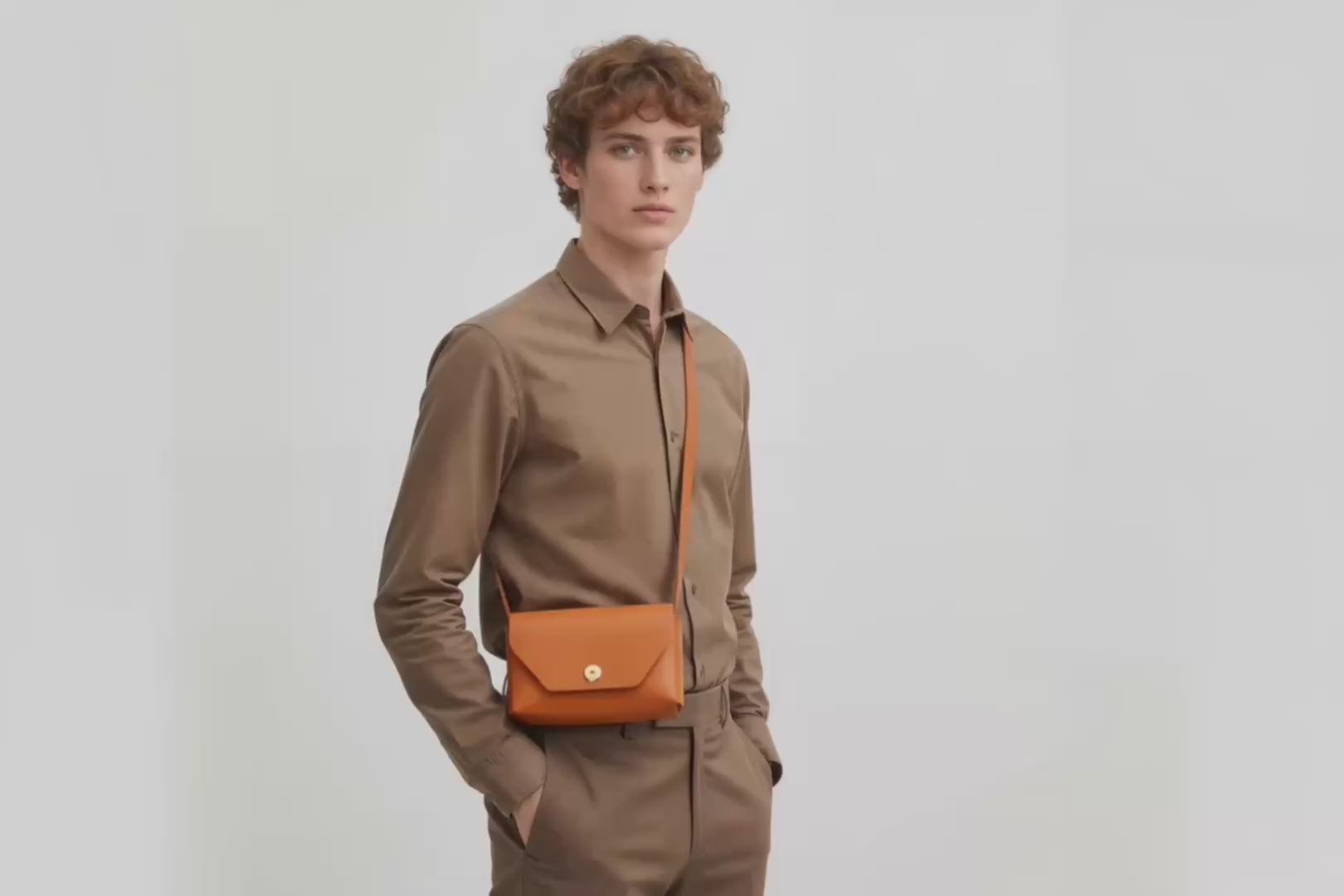 Brick Bag Orange Color Leather On Model Bright Background Vegetable Tanned Leather Loop Video Modern Minimalist Design Premium Quality Atelier Madre Manuel Dreesmann Barcelona Spain