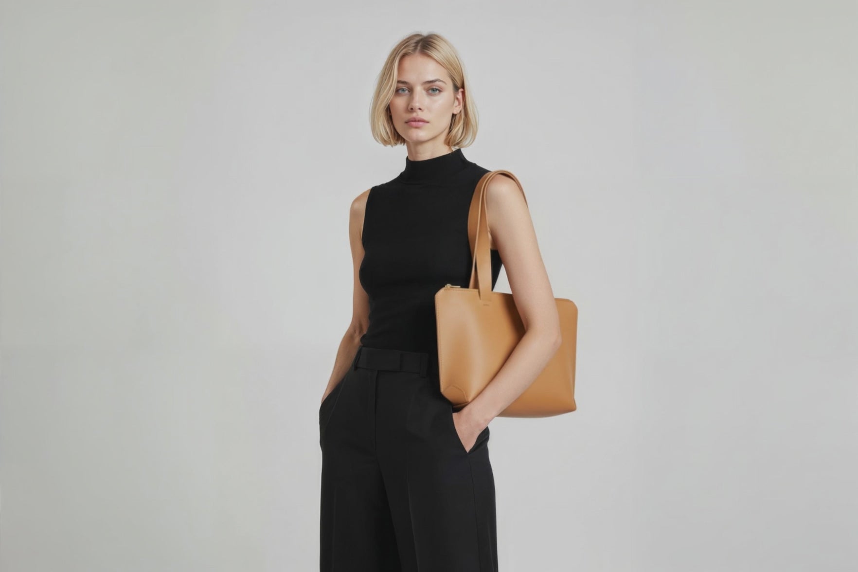 Tote Bag Leather Zipper Brown Color On A Woman Model Premium Quality Minimalist Design Atelier Madre Manuel Dreesmann Barcelona Spain