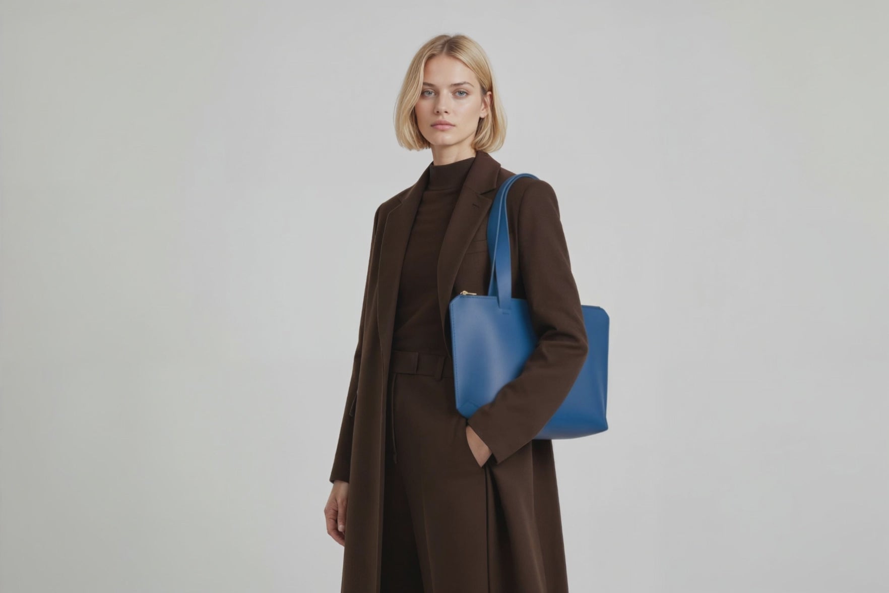 Tote Bag Leather Zipper Royal Blue Color On A Woman Model Premium Quality Minimalist Design Atelier Madre Manuel Dreesmann Barcelona Spain