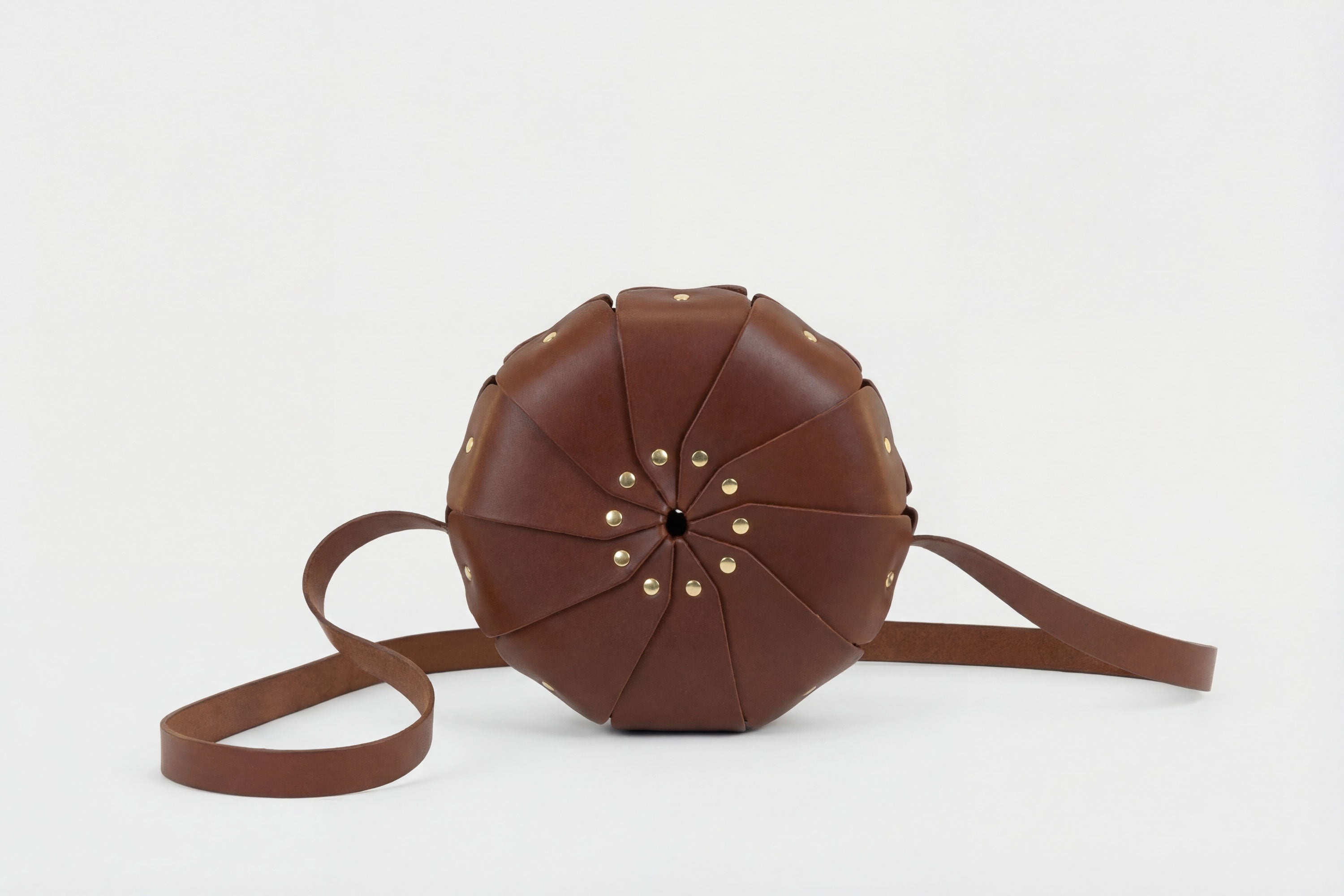Anemo Leather Bag Dark Brown Color Floral Design Premium Minimalist Modern Circle Round Pouch Crossbody Atelier Madre Manuel Dreesmann Barcelona Spain
