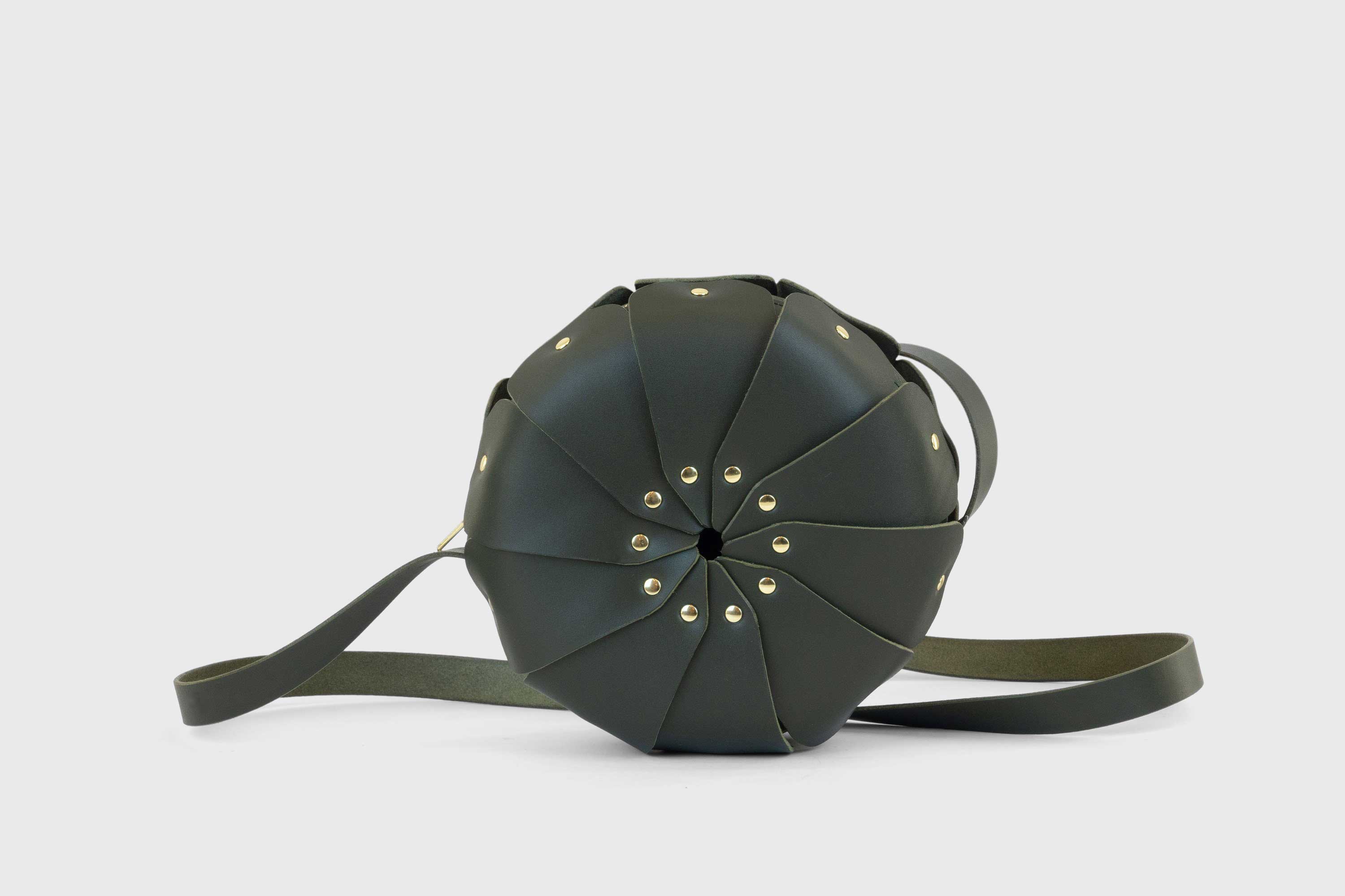 Anemo Leather Bag Front Olive Green Color Floral Design Premium Minimalist Modern Circle Round Pouch Crossbody Atelier Madre Manuel Dreesmann Barcelona